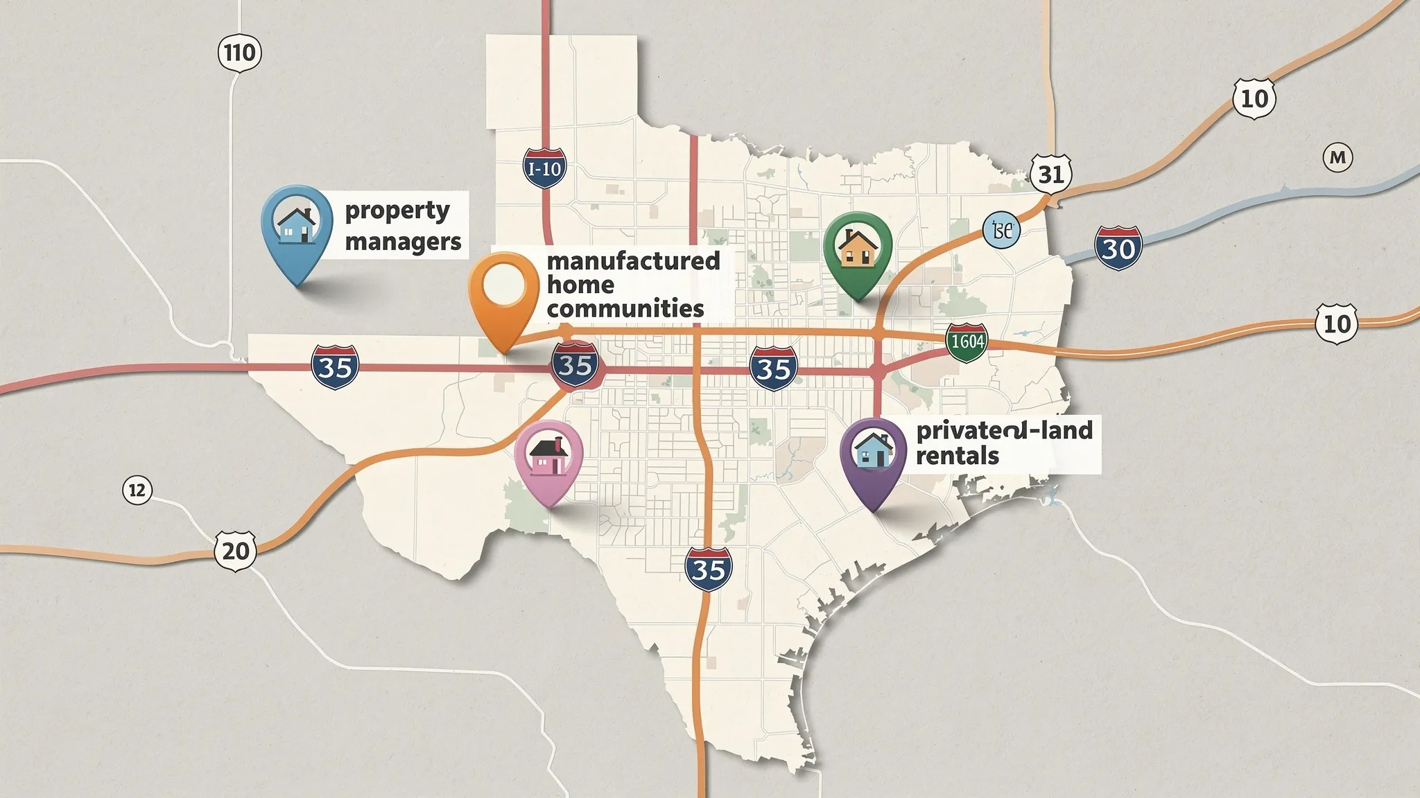 A simple illustrated map of San Antonio with major loop and interstate labels (I-10, I-35, Loop 1604) and pins marking “manufactured home communities,” “private-land rentals,” and “property managers” as categories, not specific addresses.