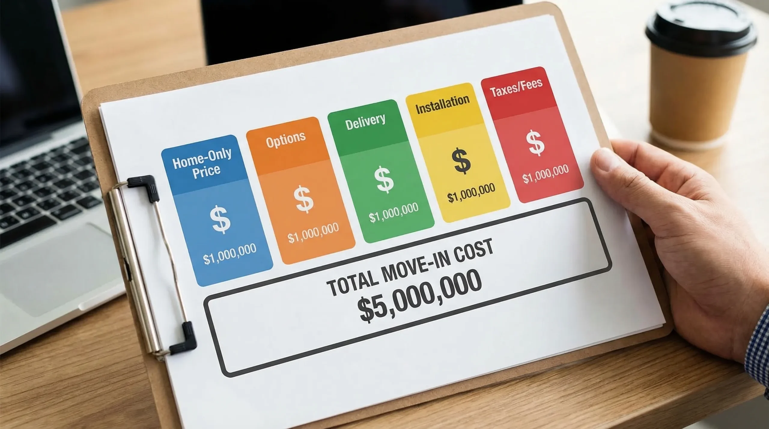 A simple infographic-style visual showing a manufactured home quote broken into five labeled blocks: home-only price, options, delivery, installation, and taxes/fees, with a “total move-in cost” sum at the bottom.