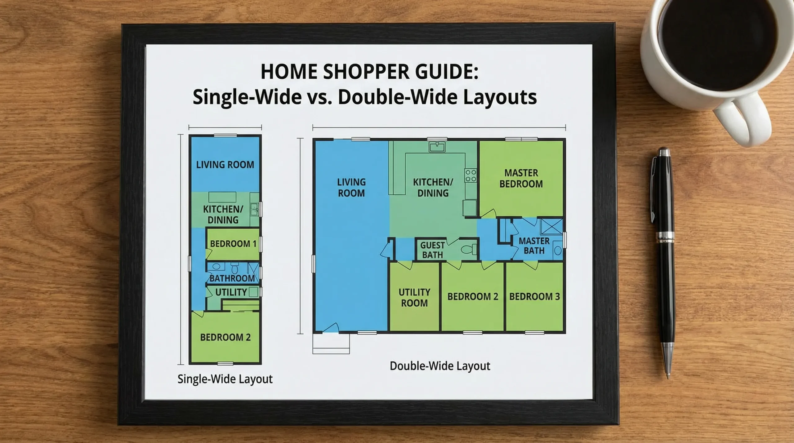 A simple side-by-side illustration showing a single-wide layout and a double-wide layout, each labeled with typical zones like kitchen, living room, bedrooms, bathrooms, and utility room, designed as a clear comparison for home shoppers.