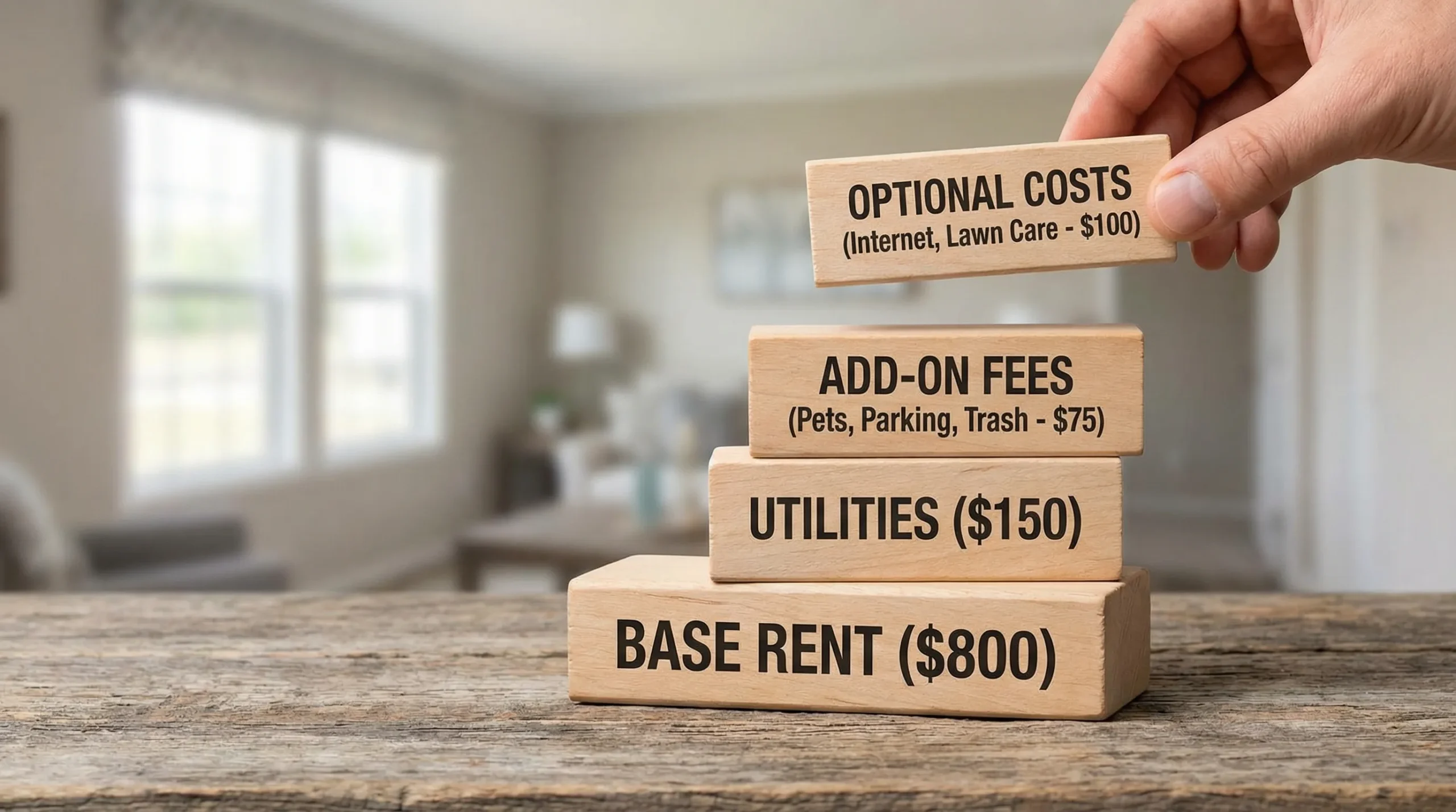 A simple visual showing a “monthly housing cost stack” for a manufactured home rental: base rent at the bottom, then utilities, then add-on fees (pets, parking, trash), and optional costs like internet and lawn care.