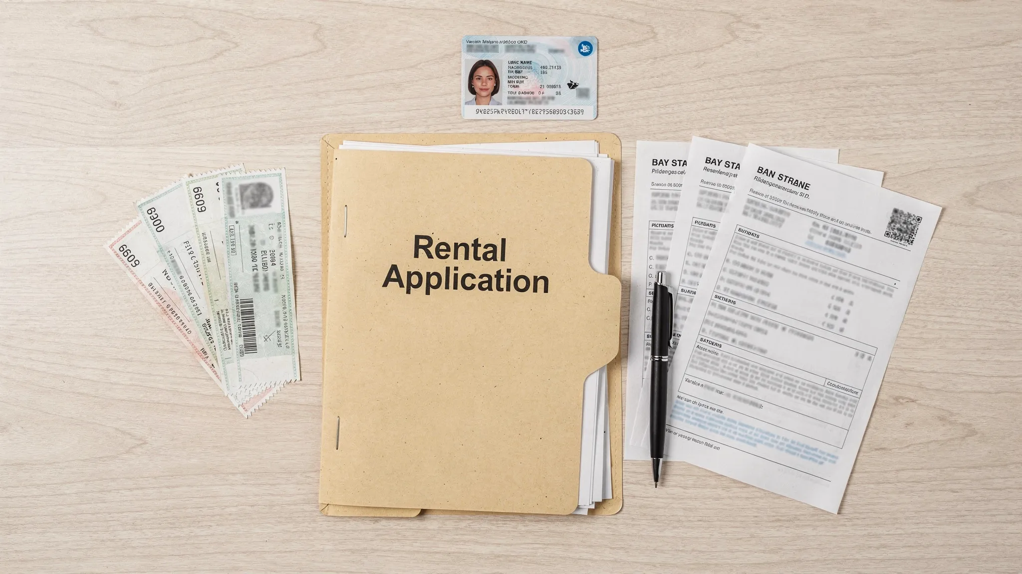 A tidy checklist-style flat lay of rental application documents: a folder labeled “Rental Application,” pay stubs, bank statements with sensitive info blurred, a photo ID card, and a pen on a clean desk.