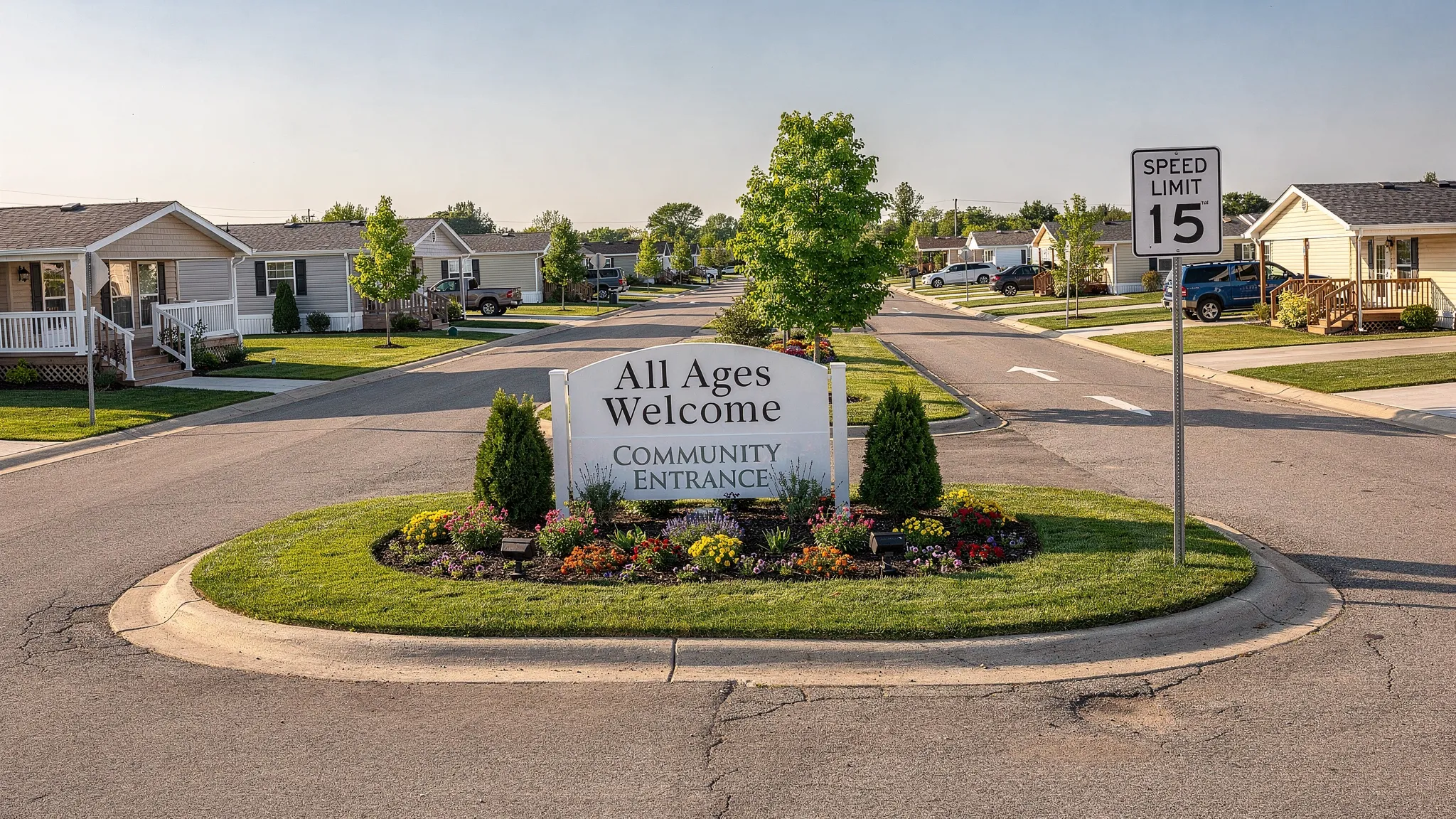 A welcoming manufactured home community entrance with a clear “All Ages Welcome” style sign, a small landscaped median, visible speed limit sign, and a row of well-kept homes set back from the road.