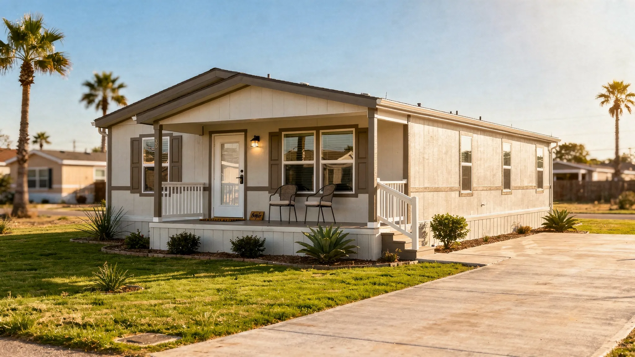 A clean, modern double wide manufactured home exterior with a small front porch, tidy yard, and driveway, shown in a sunny South Texas setting.