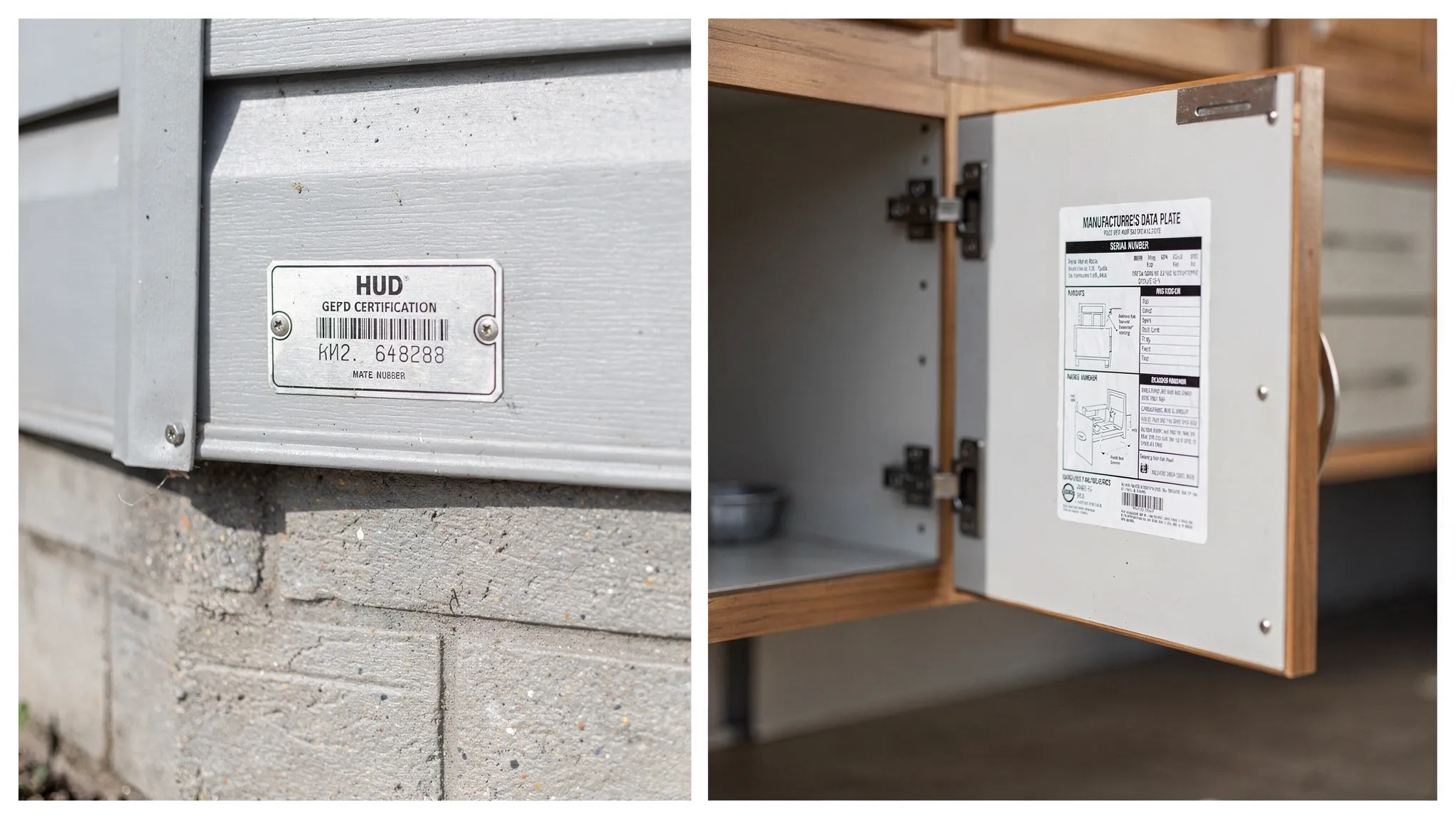 A close-up educational photo showing where to find a manufactured home HUD certification label on the exterior and a HUD data plate inside a kitchen cabinet, with both identifiers clearly visible.