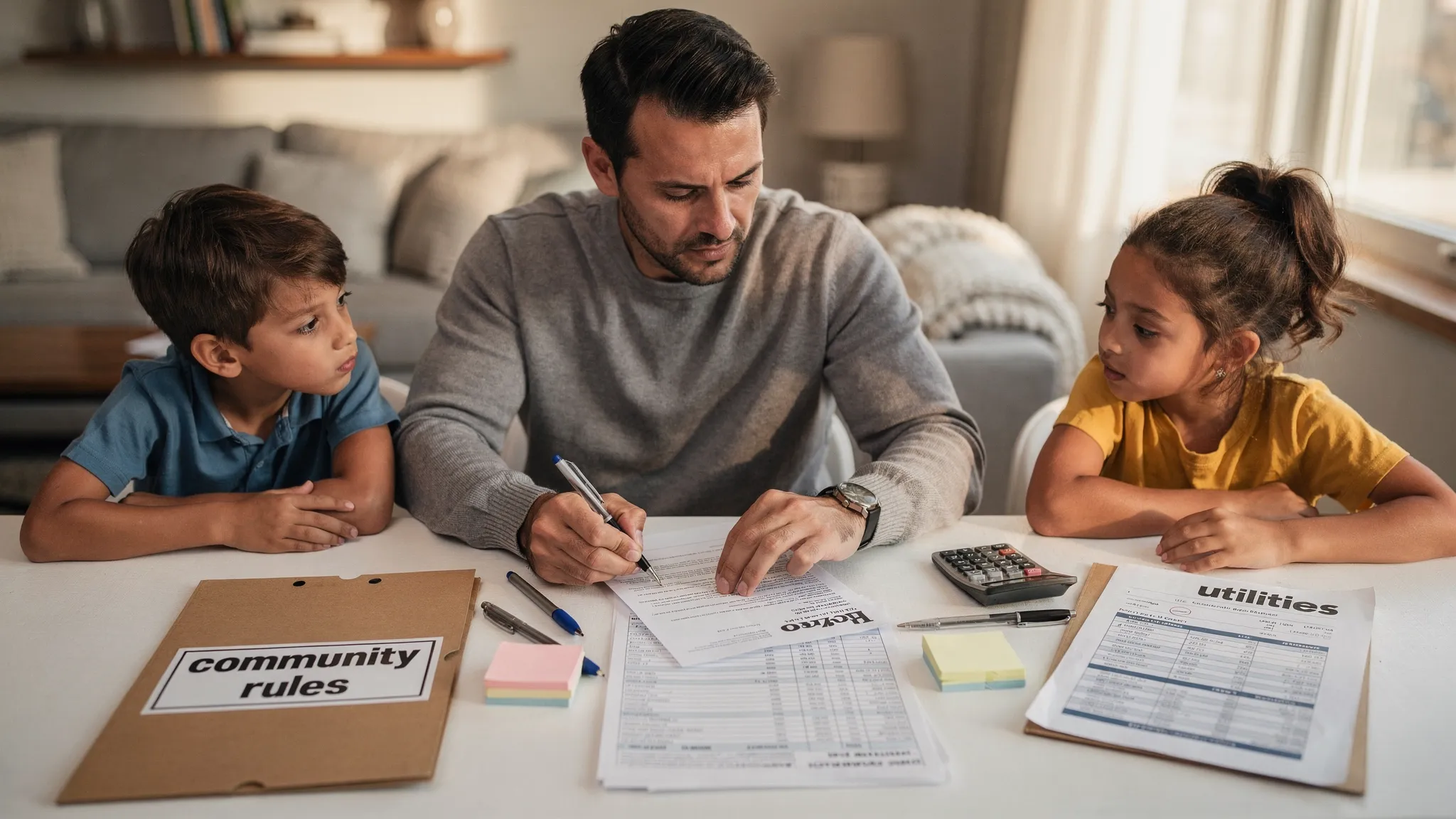 A family sitting at a dining table reviewing a lease packet and fee schedule together, with a folder labeled “community rules” and a separate page labeled “utilities,” emphasizing careful comparison before renting.
