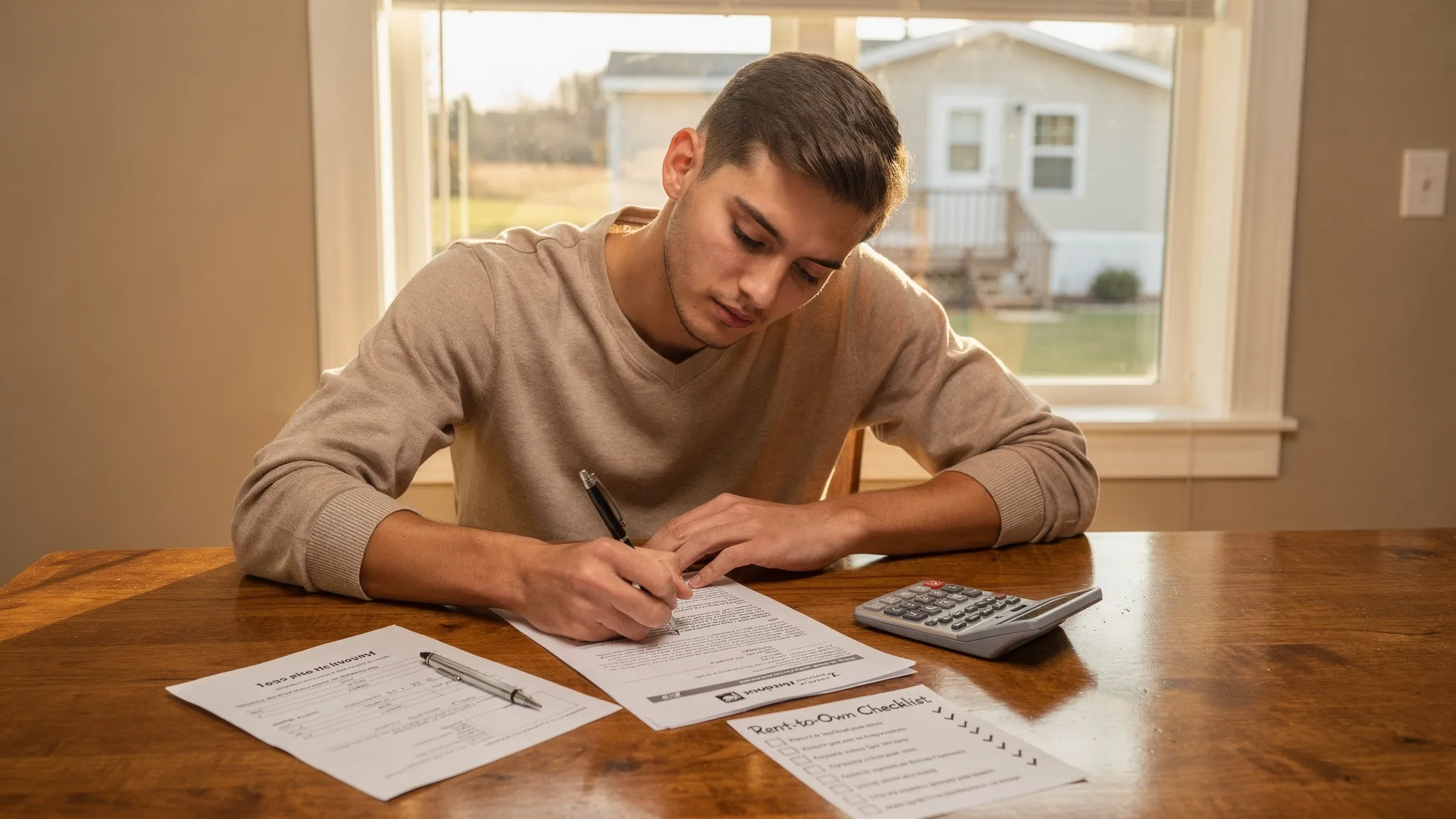 A homebuyer at a kitchen table reviewing a rent-to-own contract with a calculator and checklist, with a manufactured home visible outside the window in the background.