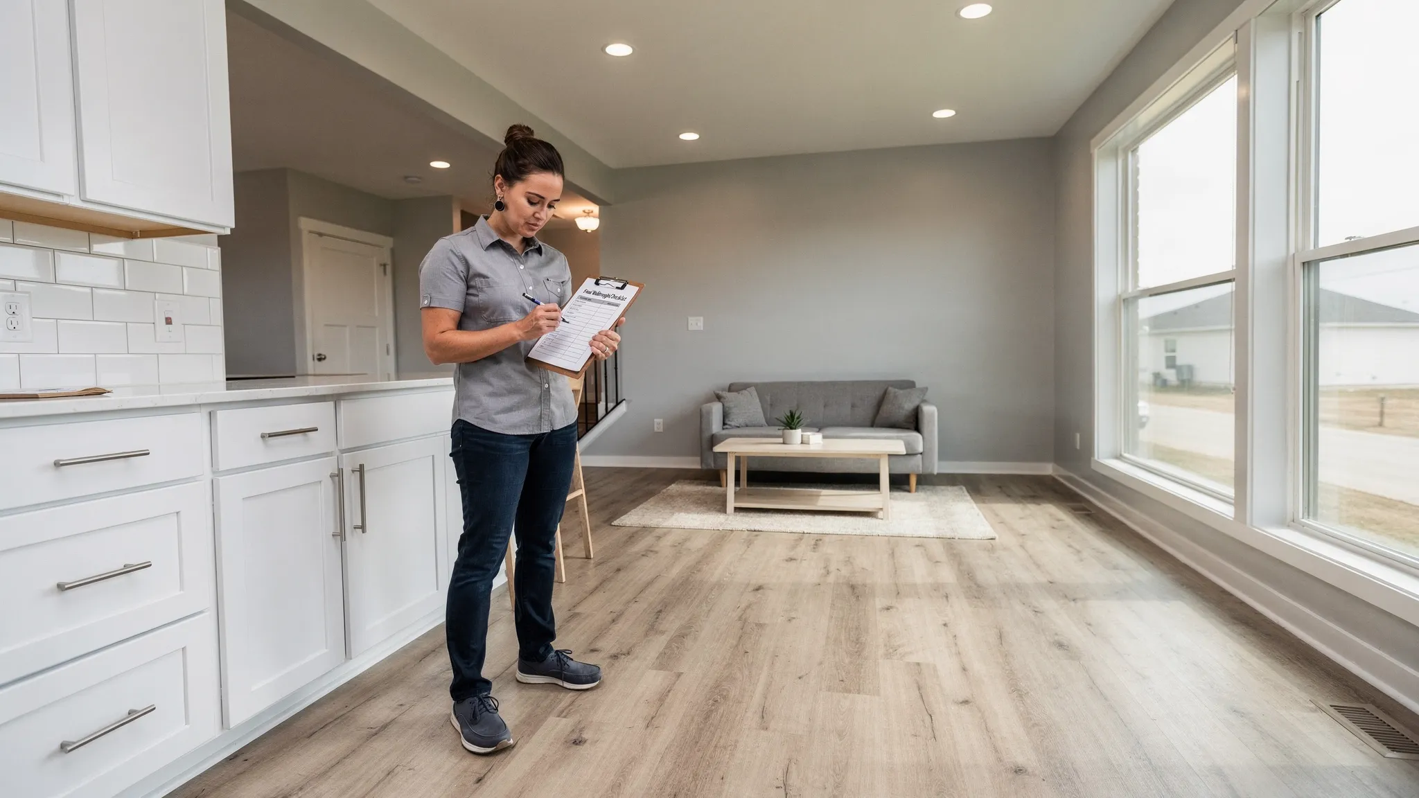 A homeowner doing a final walkthrough inside a modern manufactured home, checking a punch list on a clipboard while inspecting cabinets, windows, and flooring in a bright living room.
