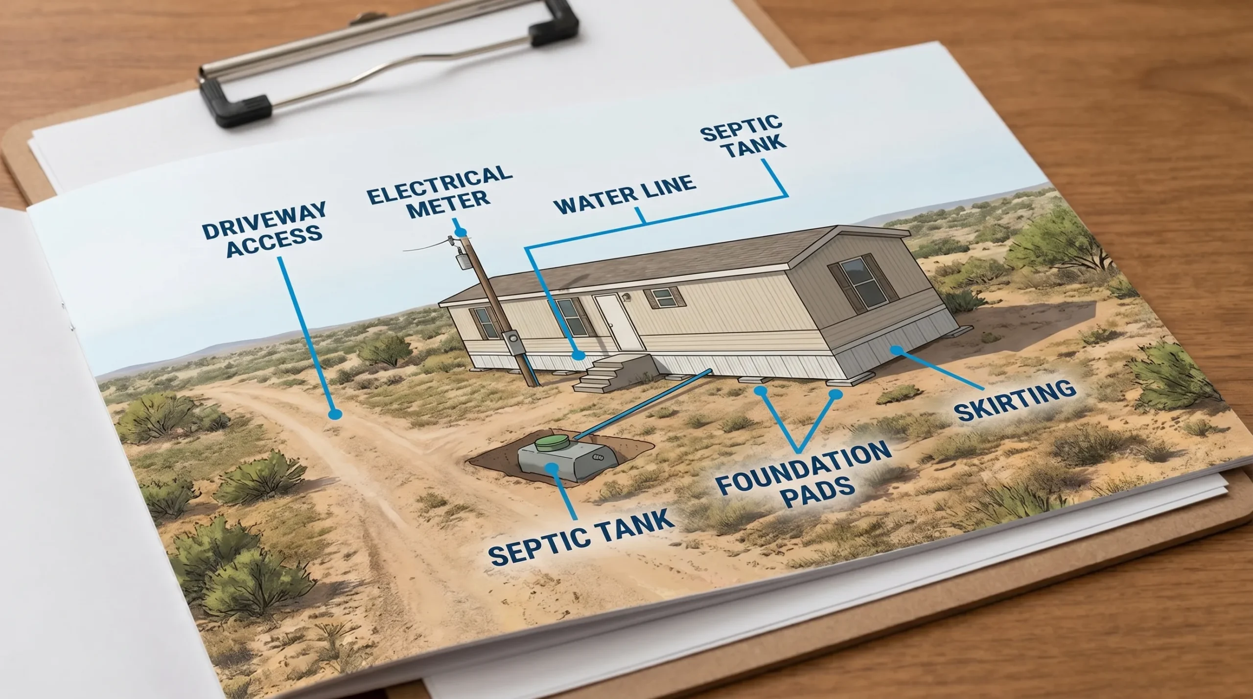 A labeled illustration of a manufactured home placed on a rural Texas lot, with callouts pointing to key package components like driveway access, electrical meter, water line, septic tank, foundation pads, and skirting.