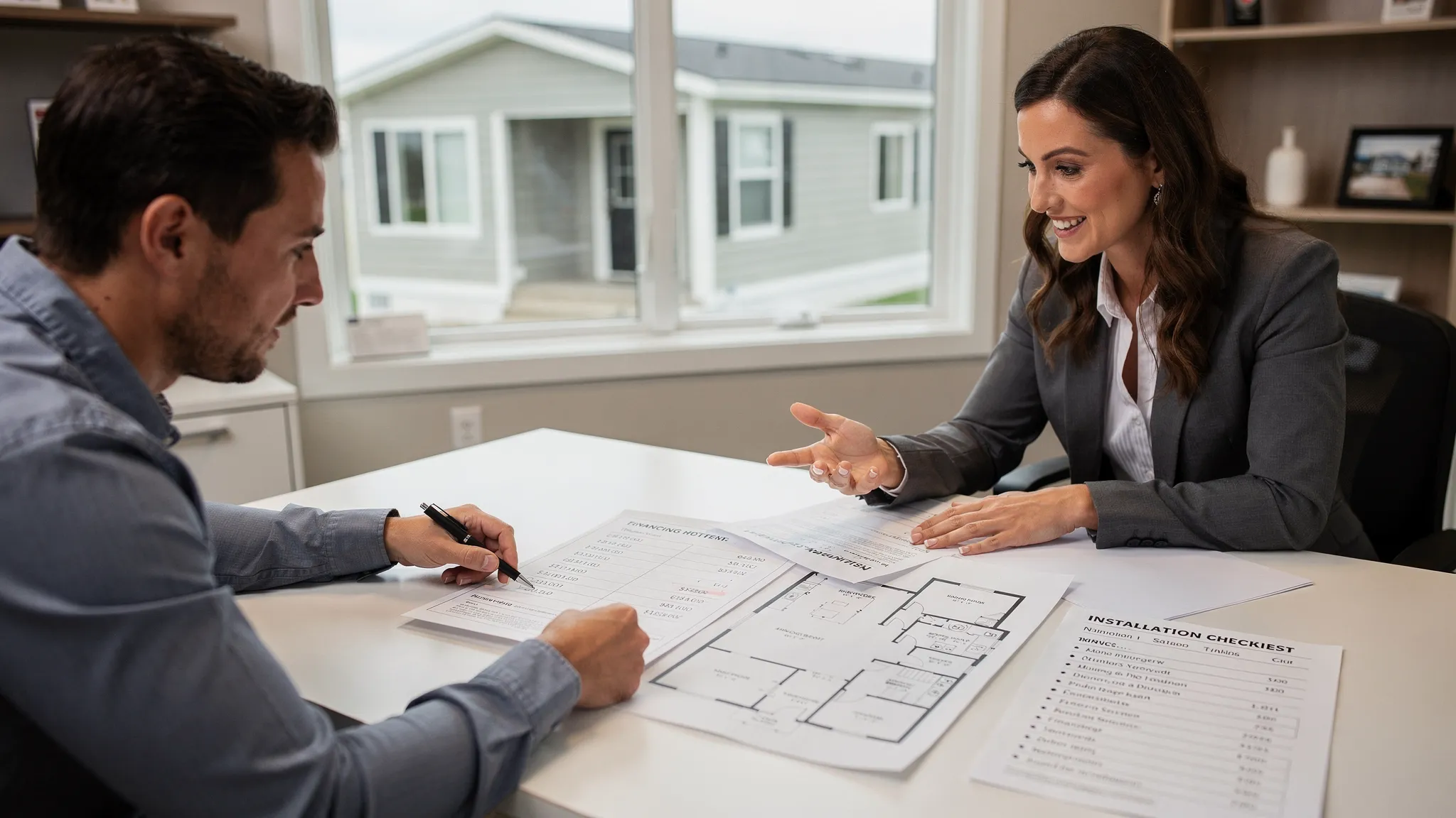 A manufactured home buyer sits at a desk with a dealership representative reviewing a printed floor plan, a financing worksheet, and an installation checklist, with a model home visible in the background.