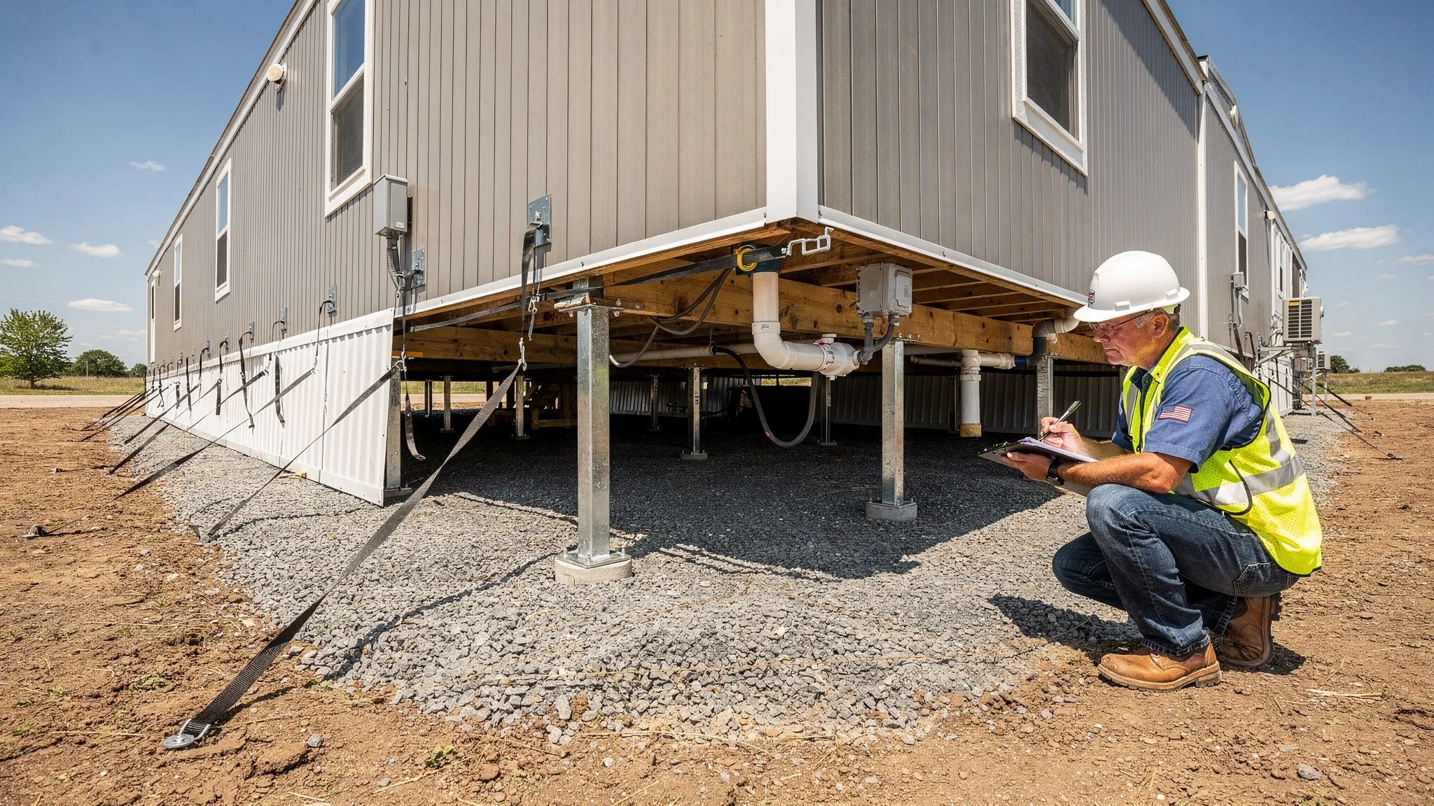 A manufactured home on a prepared pad with visible pier supports, tie-down anchoring points, skirting partially installed, and an inspector in a hard hat checking the underside and utility connections.