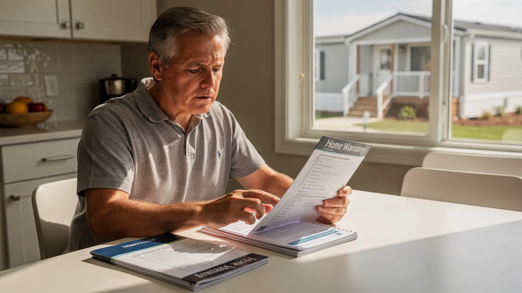 A manufactured home owner at a kitchen table reviewing a warranty booklet, purchase paperwork, and a home maintenance checklist, with a modern manufactured home visible through a window.