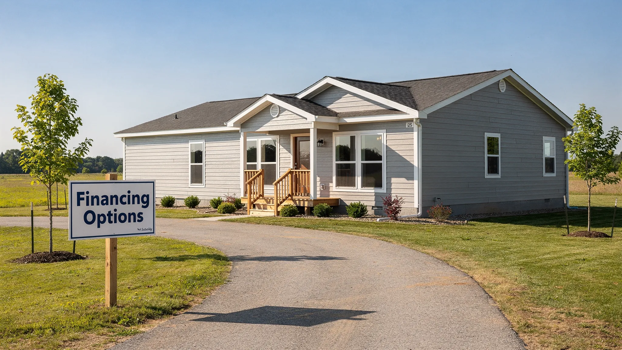 A modern manufactured home installed on private land with a driveway and simple landscaping, with a “Financing Options” sign in the foreground and the land visible around the home.