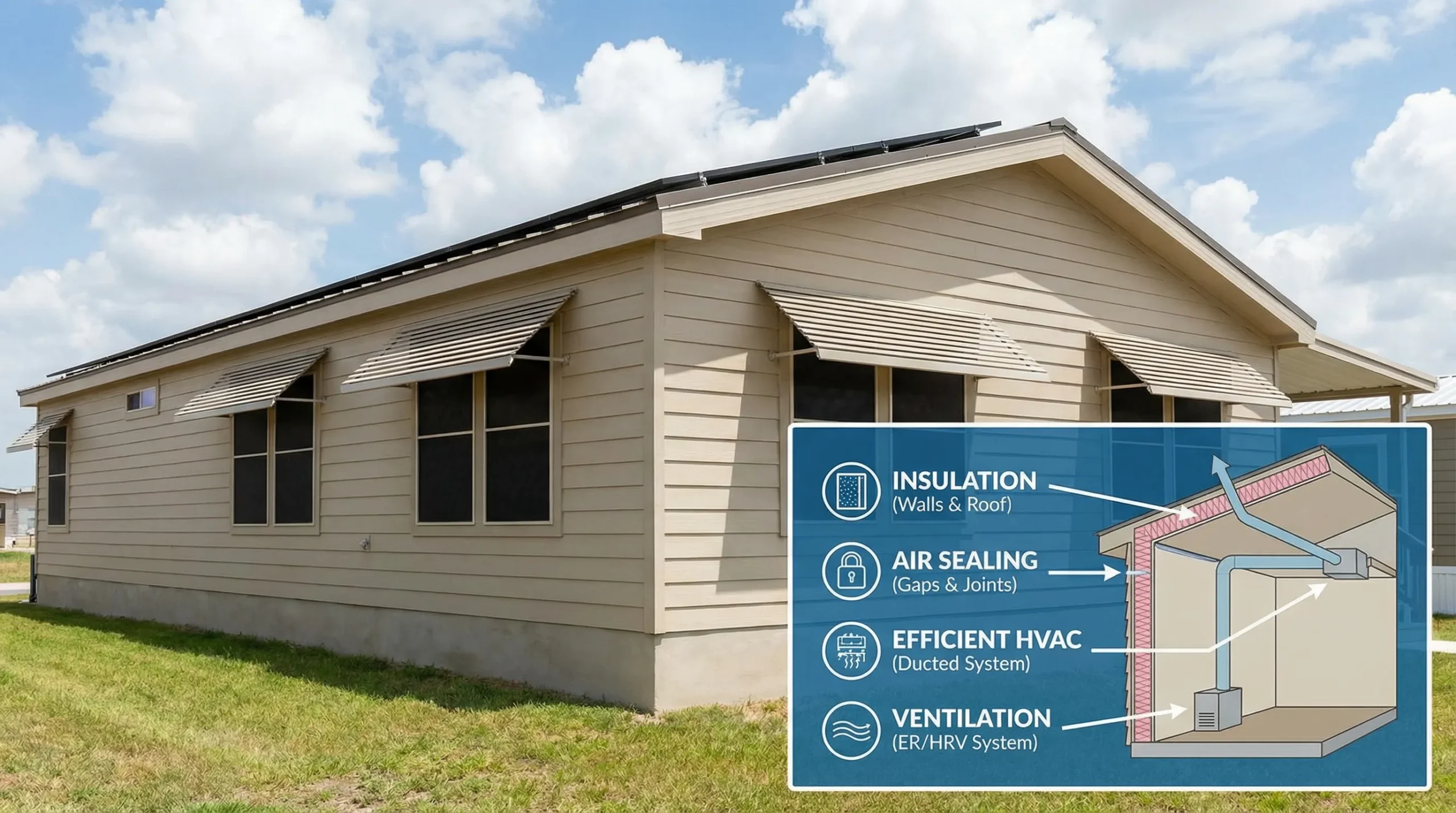 A modern single-story manufactured home in a sunny South Texas setting, showing a clean roofline designed to be solar-ready, shaded windows, and a simple cutaway overlay highlighting insulation, air sealing, efficient HVAC, and ventilation as four labeled elements.