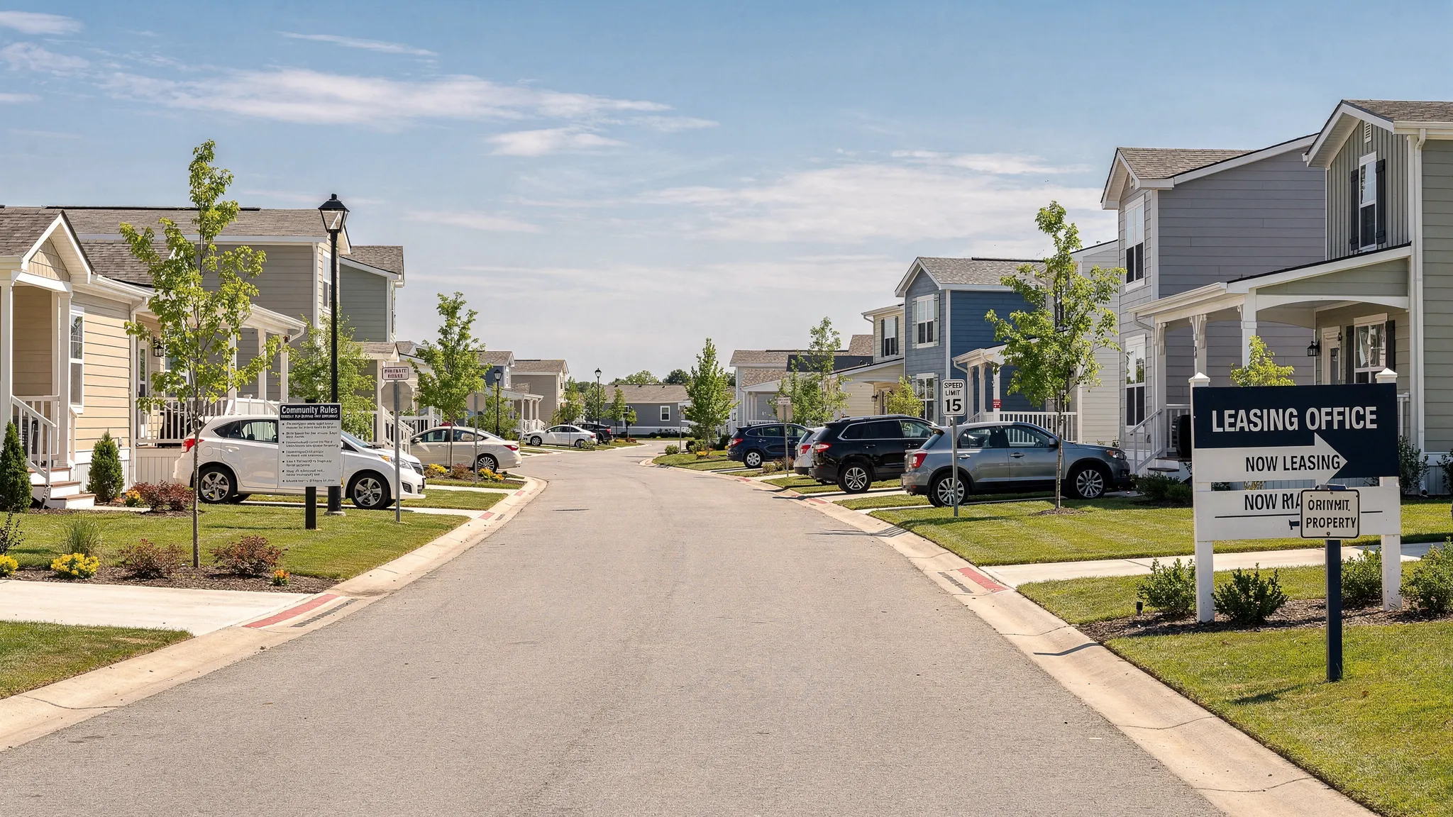 A neighborhood street inside a manufactured home community with modern single-wide and double-wide homes, driveways with parked cars, and clear signage for leasing and community rules.