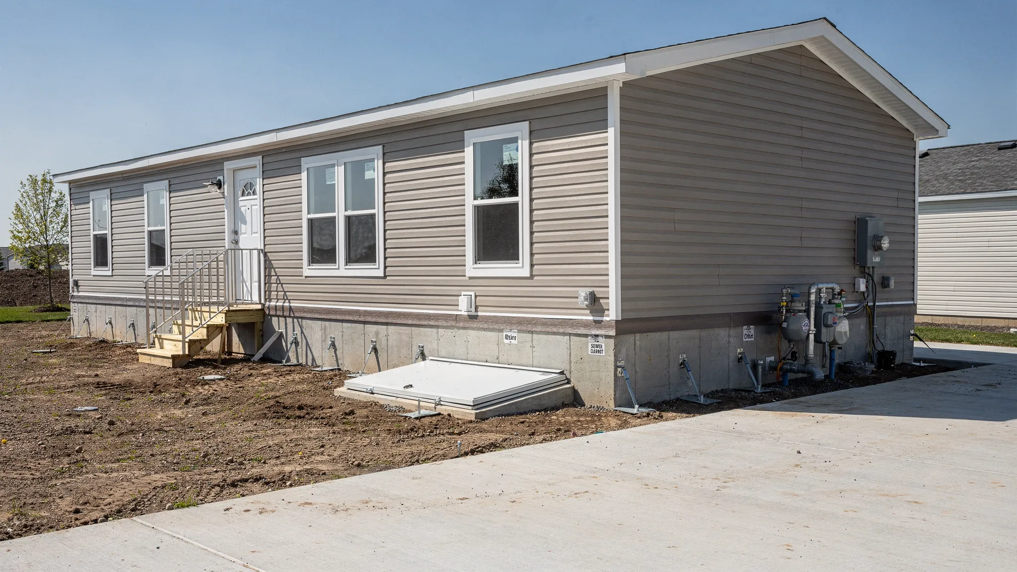 A newly installed double wide manufactured home on a permanent foundation with a clean crawlspace access, tie-down anchoring points, and utility connections visible near the home, set on a prepared homesite with a driveway.