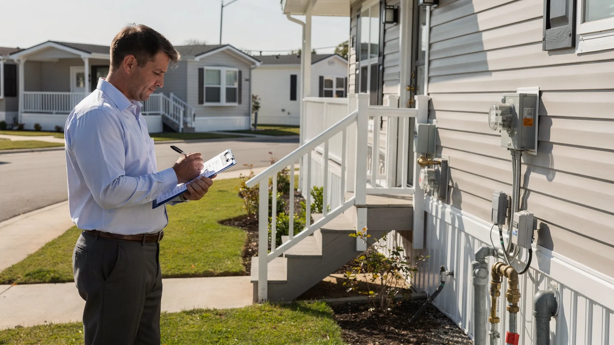 A prospective renter touring a manufactured home in a land-lease community, holding a clipboard with a checklist while looking at the home’s exterior skirting, steps, and utility connections in daylight.