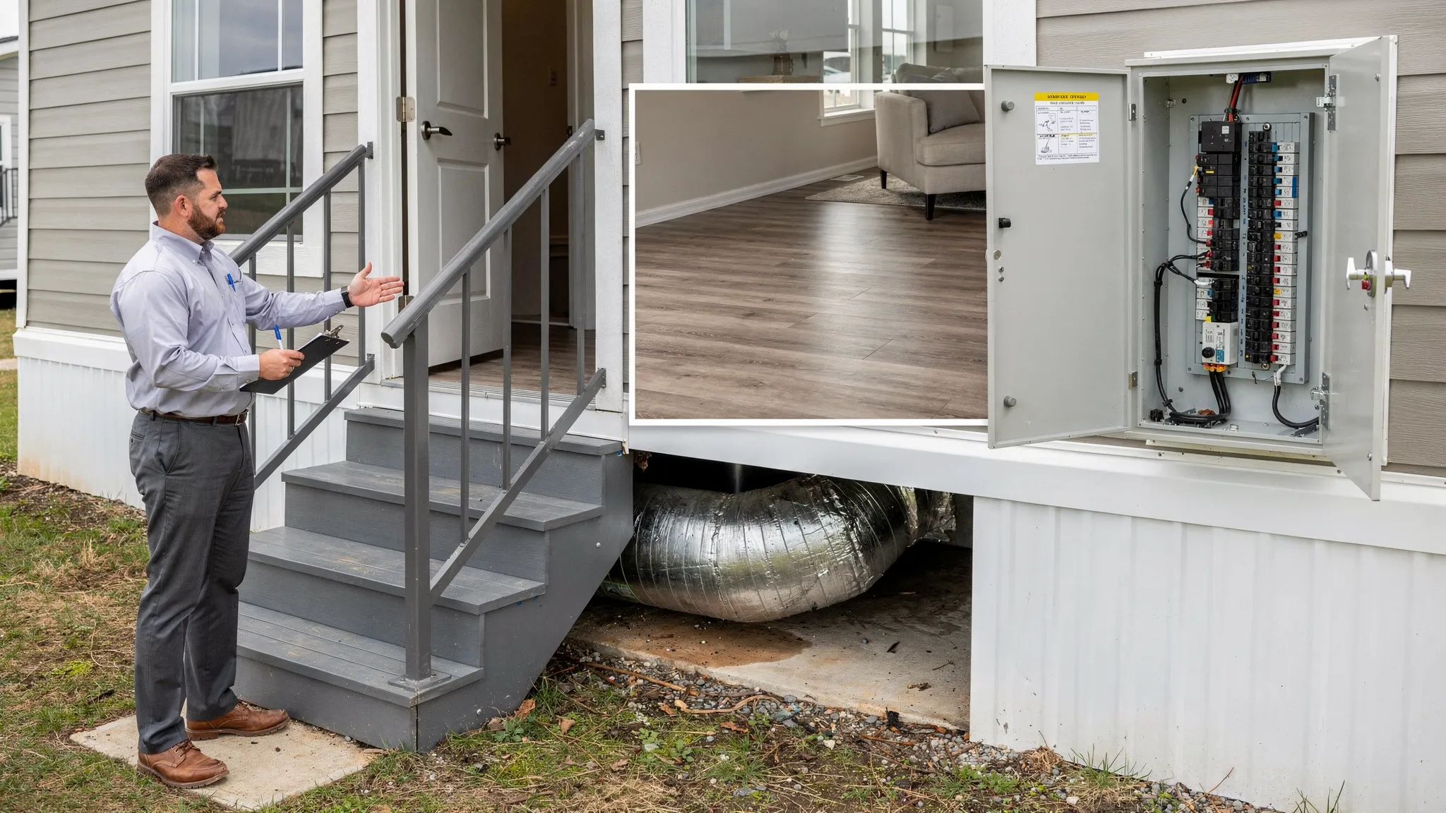 A rent-ready manufactured home inspection scene showing key checklist items: solid entry steps with handrails, intact skirting, sealed HVAC duct area, clean electrical panel, and durable flooring inside.