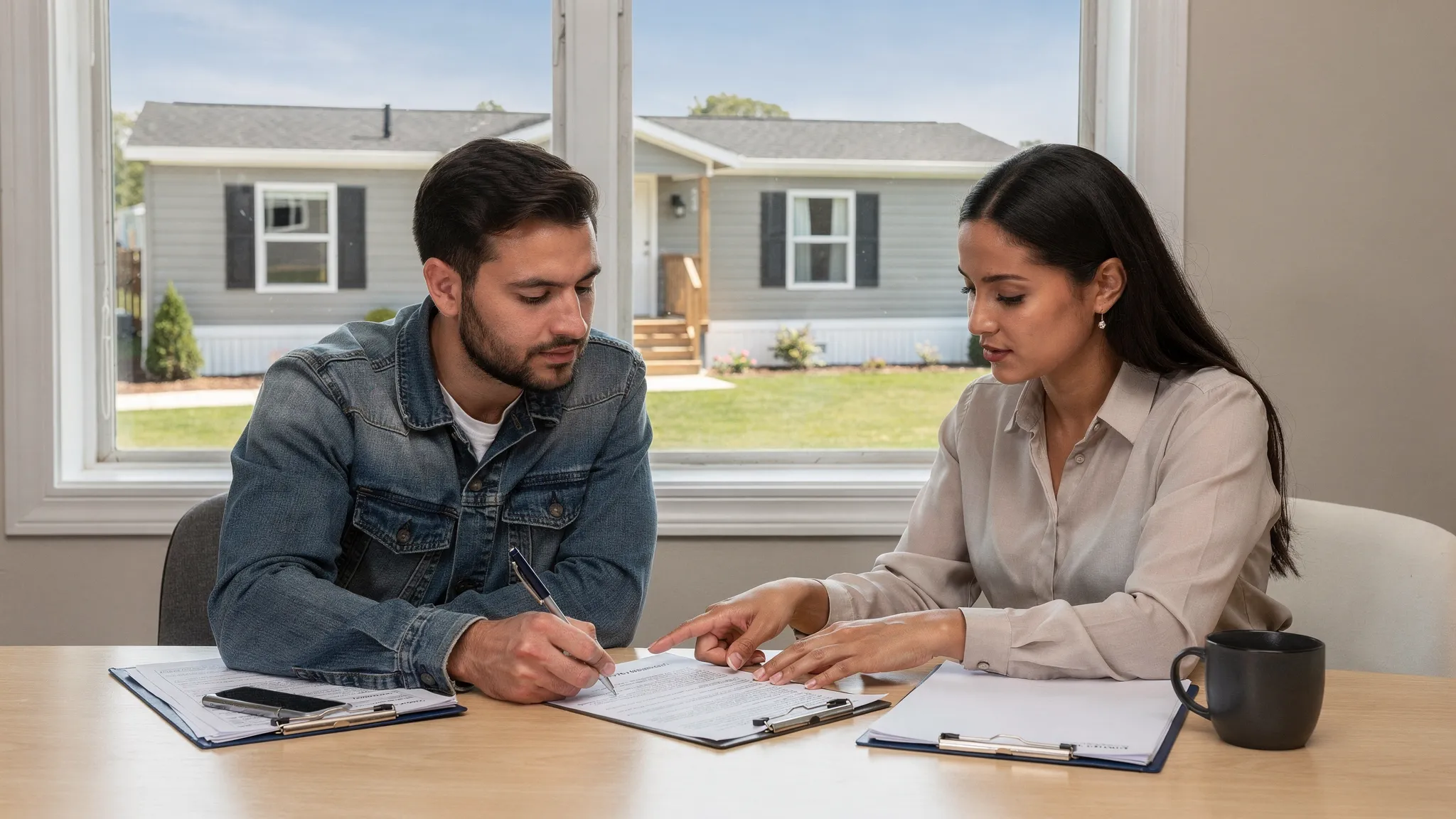 A renter and property manager seated at a table reviewing a printed lease agreement with a pen, with a double wide manufactured home visible outside through a window in the background.