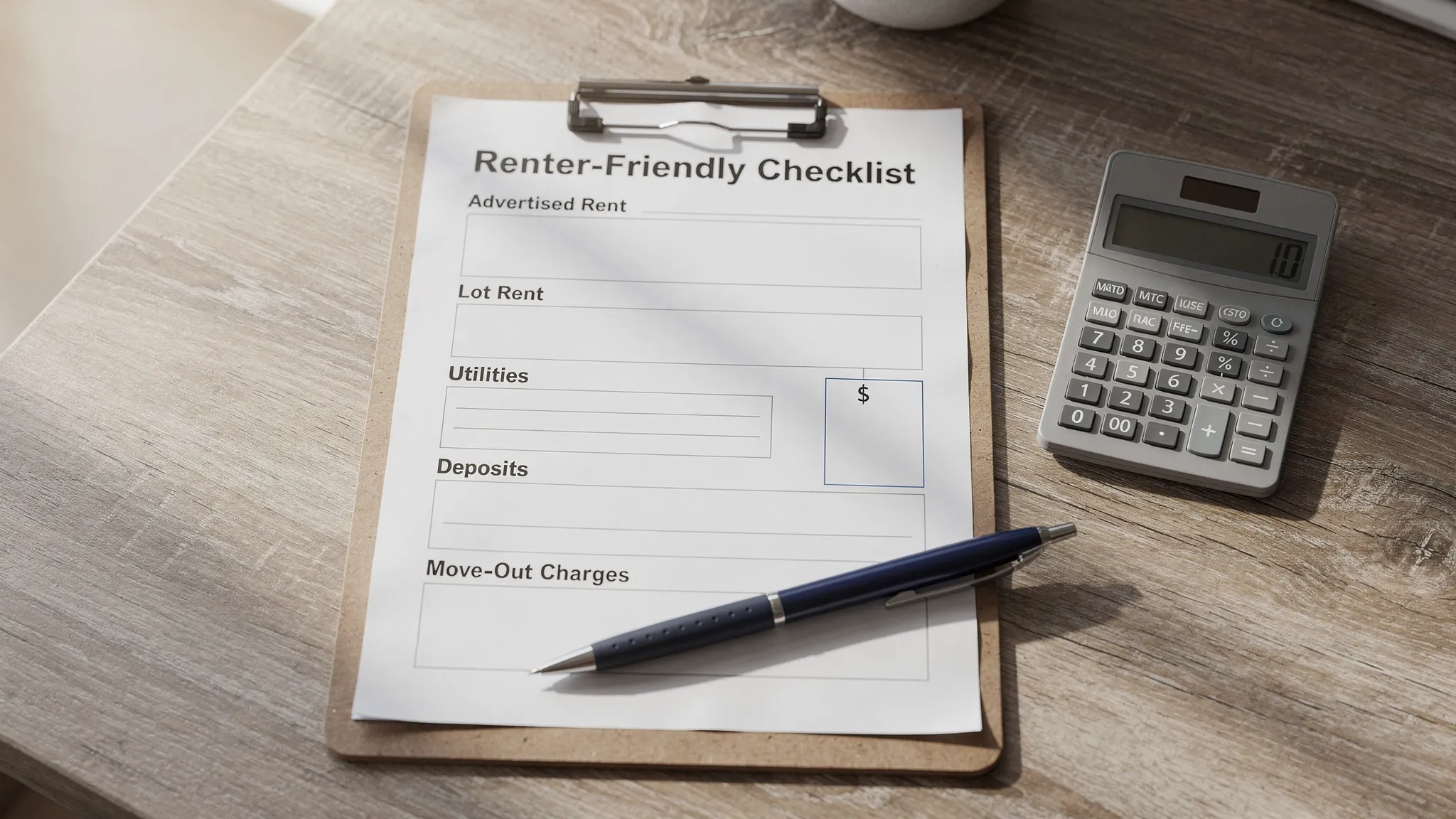 A renter-friendly checklist worksheet on a clipboard showing categories like advertised rent, lot rent, utilities, deposits, pet fees, and move-out charges, with a calculator and a pen on a table.