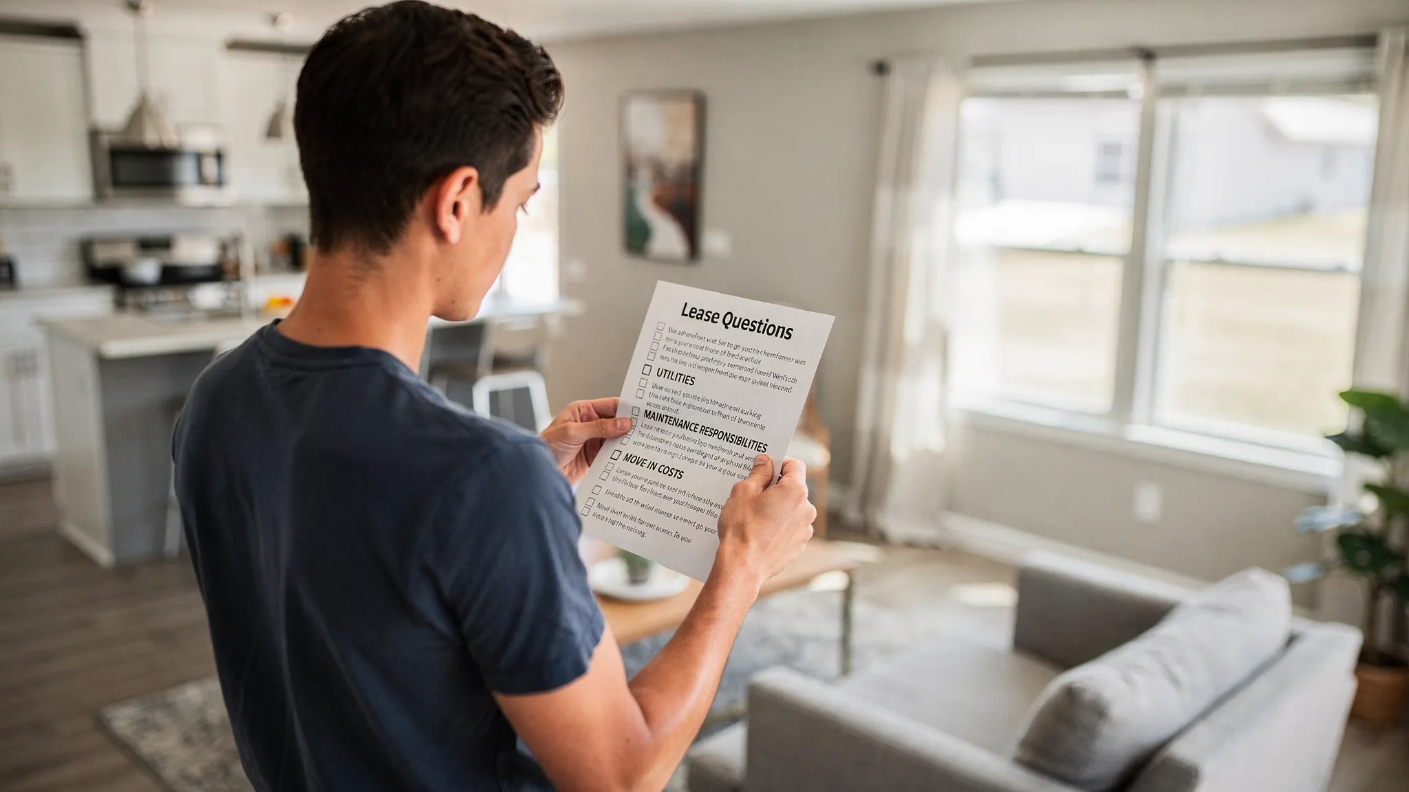 A renter reviewing a printed checklist while touring a double wide rental, with visible items like lease questions, utilities, maintenance responsibilities, and move-in costs.