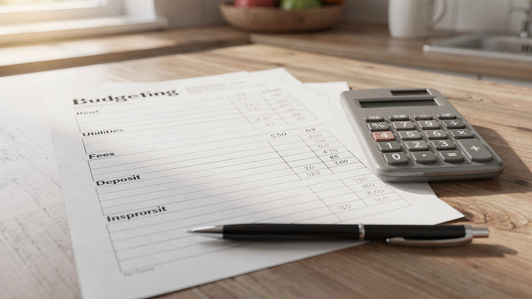 A simple budgeting worksheet on a kitchen table with categories like rent, utilities, fees, deposit, and insurance, next to a calculator and a pen.