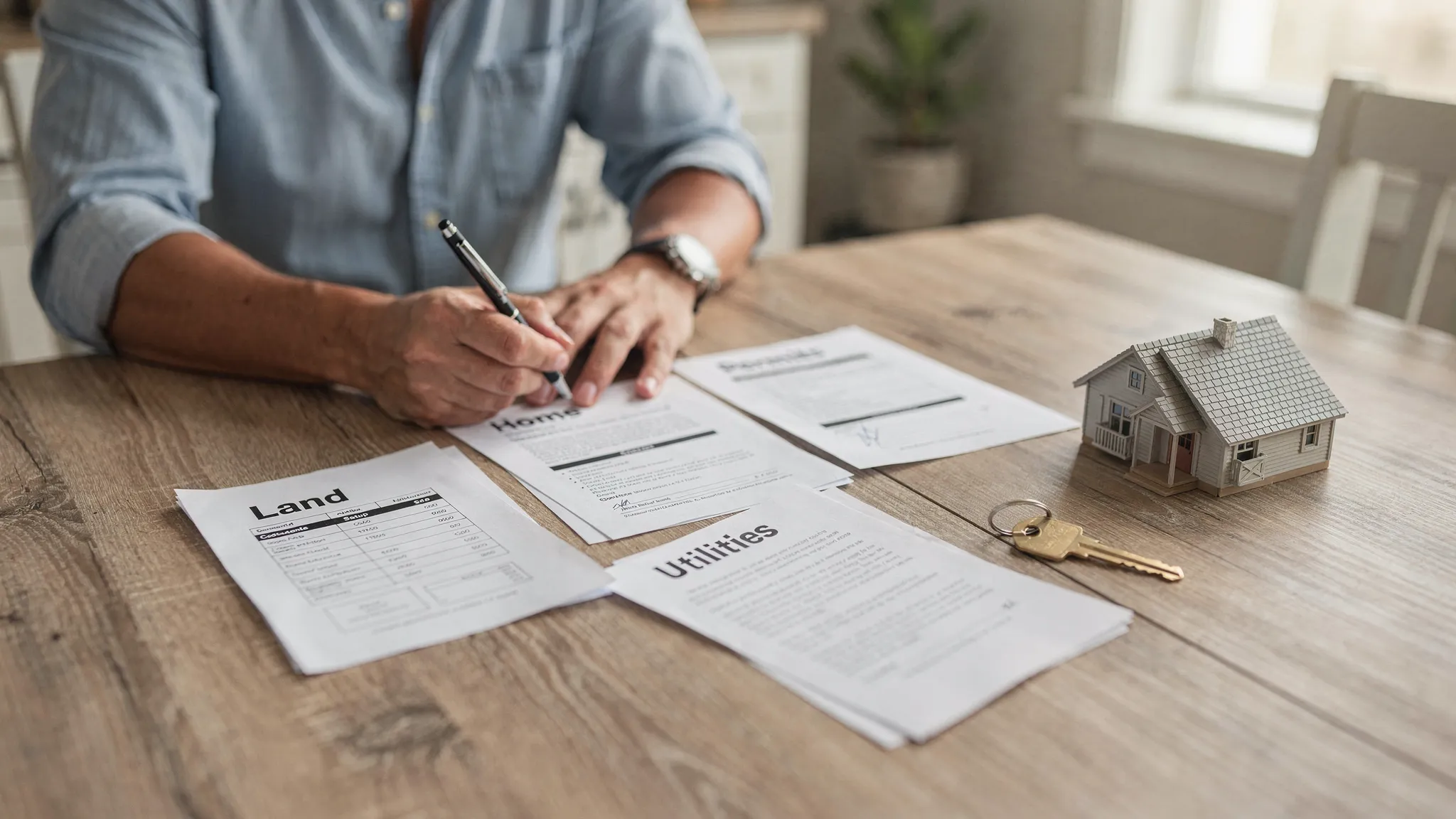 A simple checklist-style scene showing a Texas homebuyer reviewing an itemized land and home package quote at a table with documents labeled “Land,” “Home,” “Setup,” “Utilities,” and “Permits,” plus a house key and a small model home.