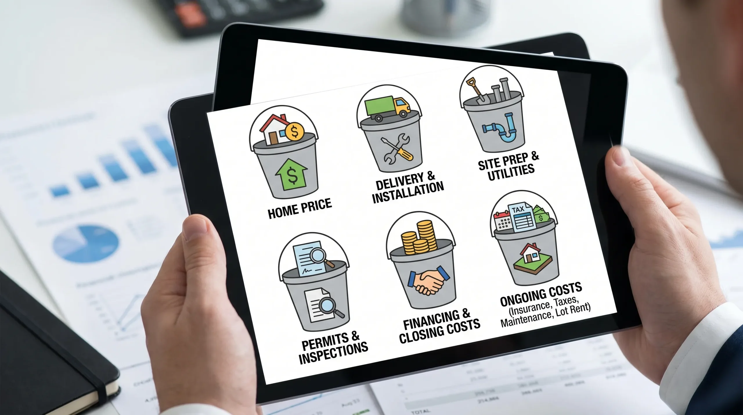 A simple cost breakdown illustration for a mobile home purchase, showing separate labeled buckets for home price, delivery and installation, site prep and utilities, permits and inspections, financing and closing costs, and ongoing costs like insurance, taxes, maintenance, and lot rent.