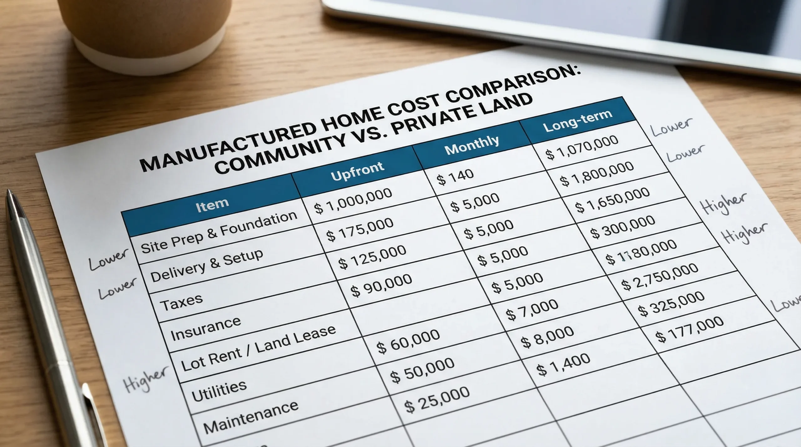A simple cost worksheet layout for comparing a manufactured home in a community versus a home on private land, with three columns labeled Upfront, Monthly, and Long-term and example line items like site prep, delivery, taxes, insurance, and lot rent.