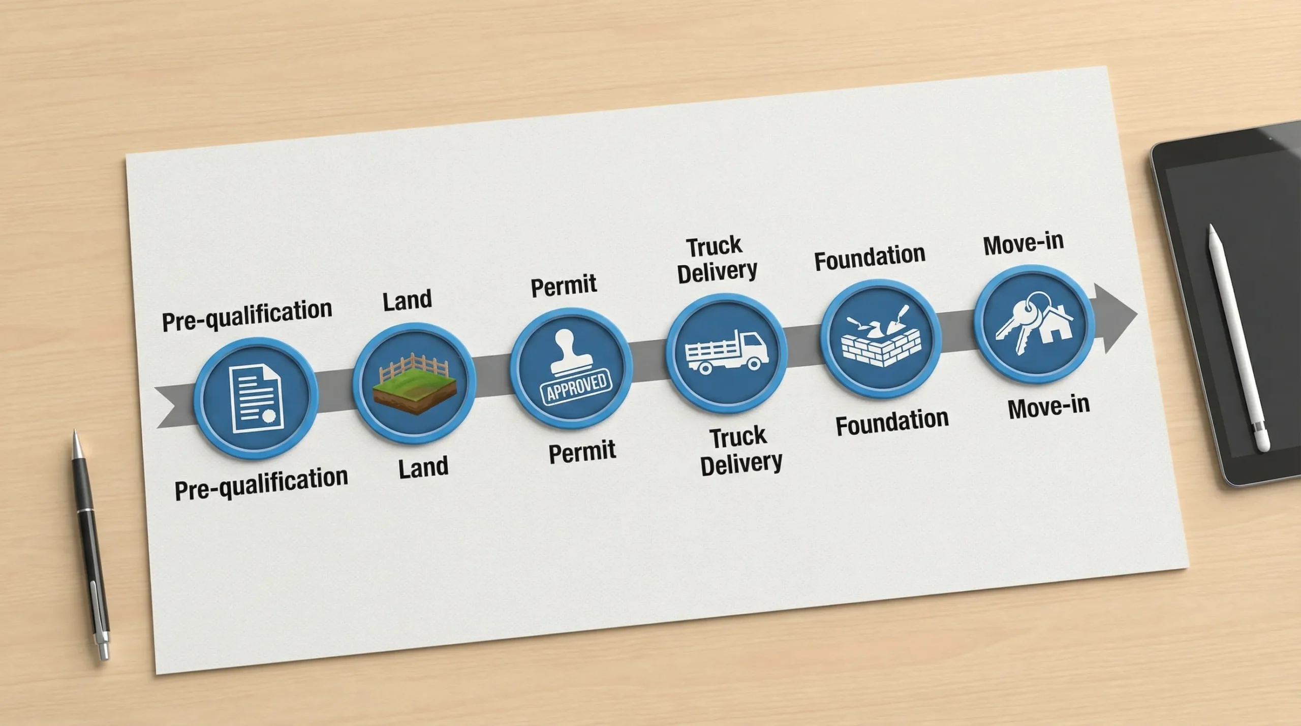 A simple horizontal timeline graphic showing six labeled phases from “Pre-qualification” to “Move-in,” with small icons for documents, land, permit stamp, truck delivery, foundation setup, and keys.