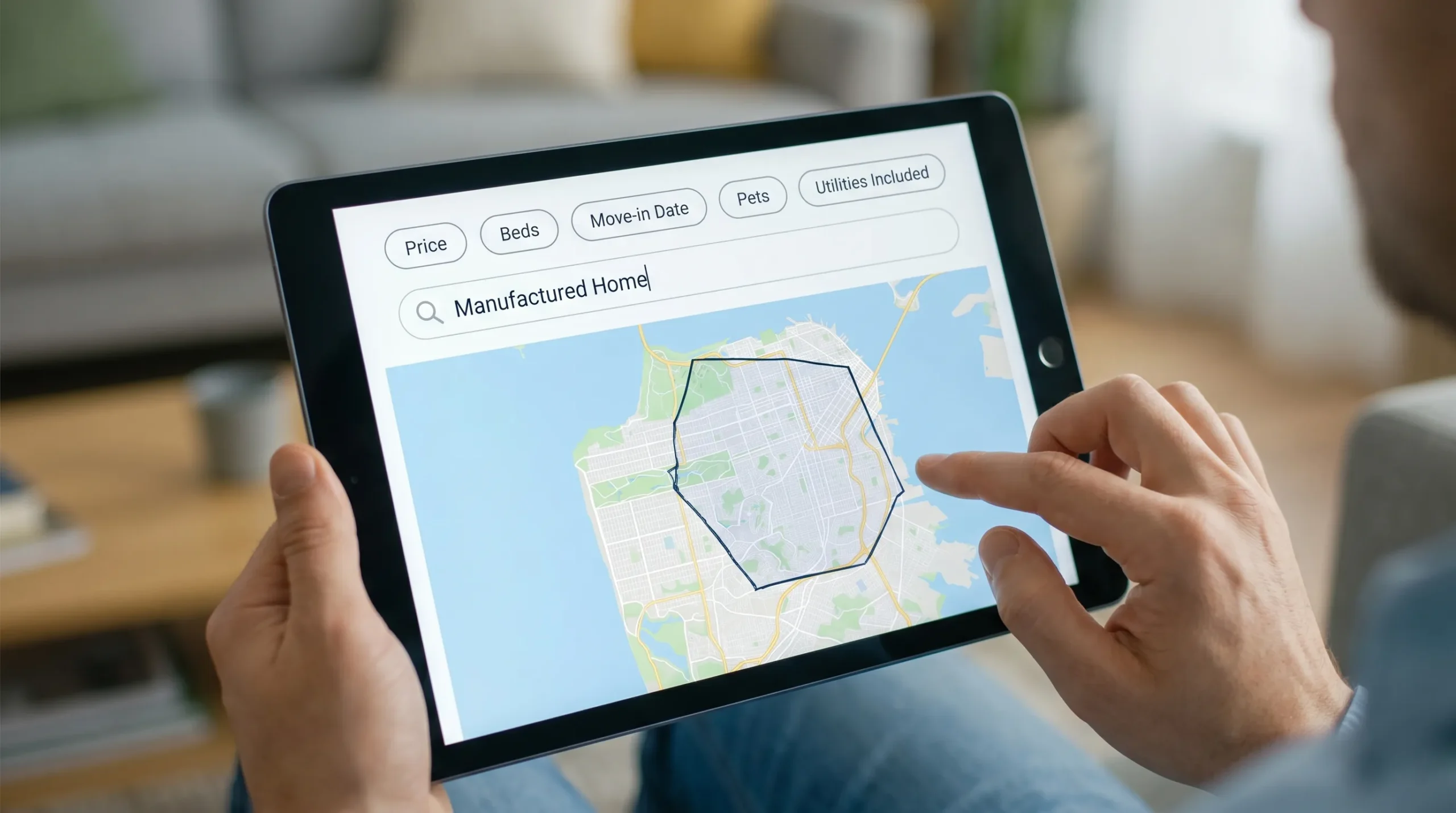 A simple illustration of a 2026-style rental search interface showing a map with a drawn boundary and filter chips like Price, Beds, Move-in Date, Pets, Utilities Included, and Manufactured Home keyword search.
