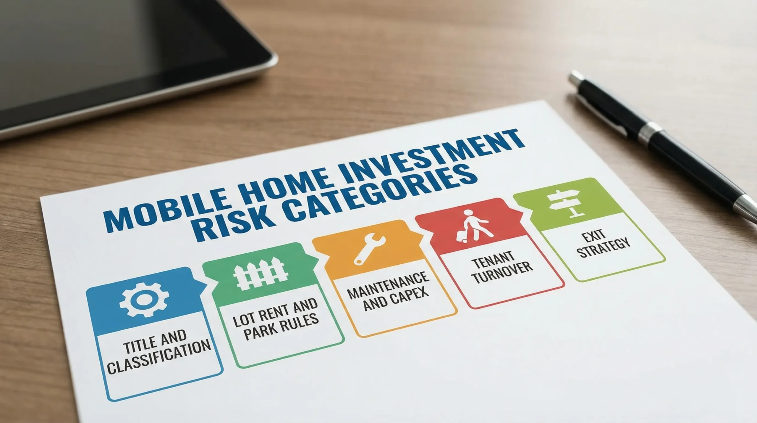 A simple infographic showing mobile home investment risk categories: title and classification, lot rent and park rules, maintenance and CapEx, tenant turnover, and exit strategy.