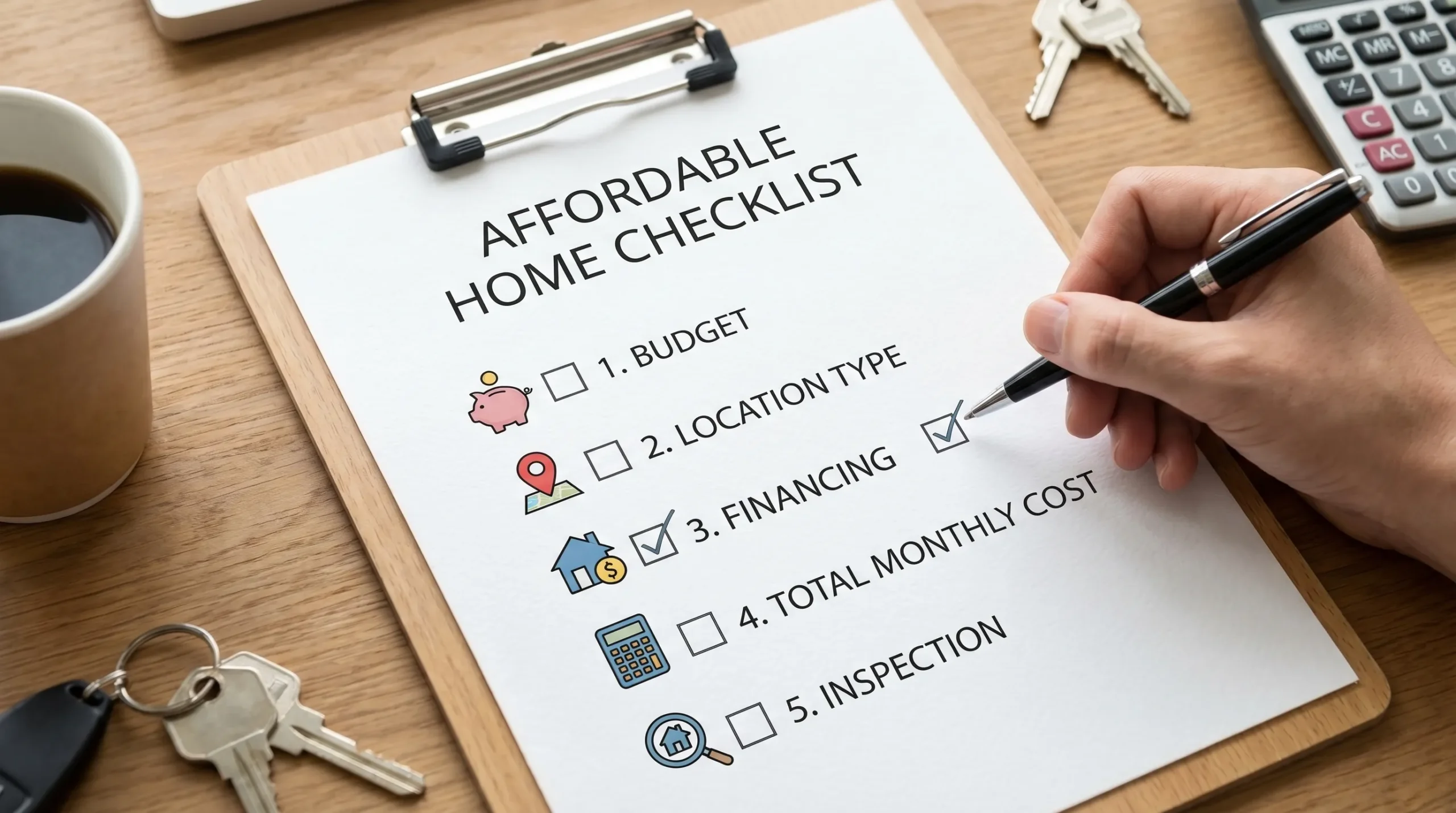 A simple infographic-style illustration showing a checklist for finding an affordable home: budget, location type, financing, total monthly cost, and inspection.