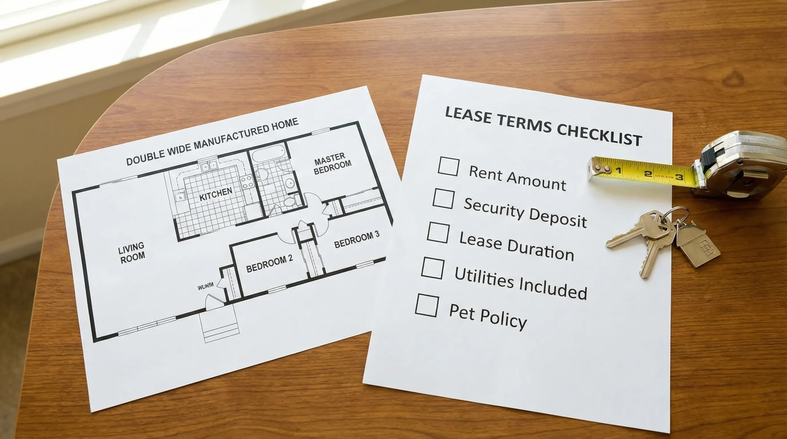 A simple side-by-side view of a double wide manufactured home floor plan and a checklist of lease terms, shown on a tabletop with a tape measure and house keys nearby.