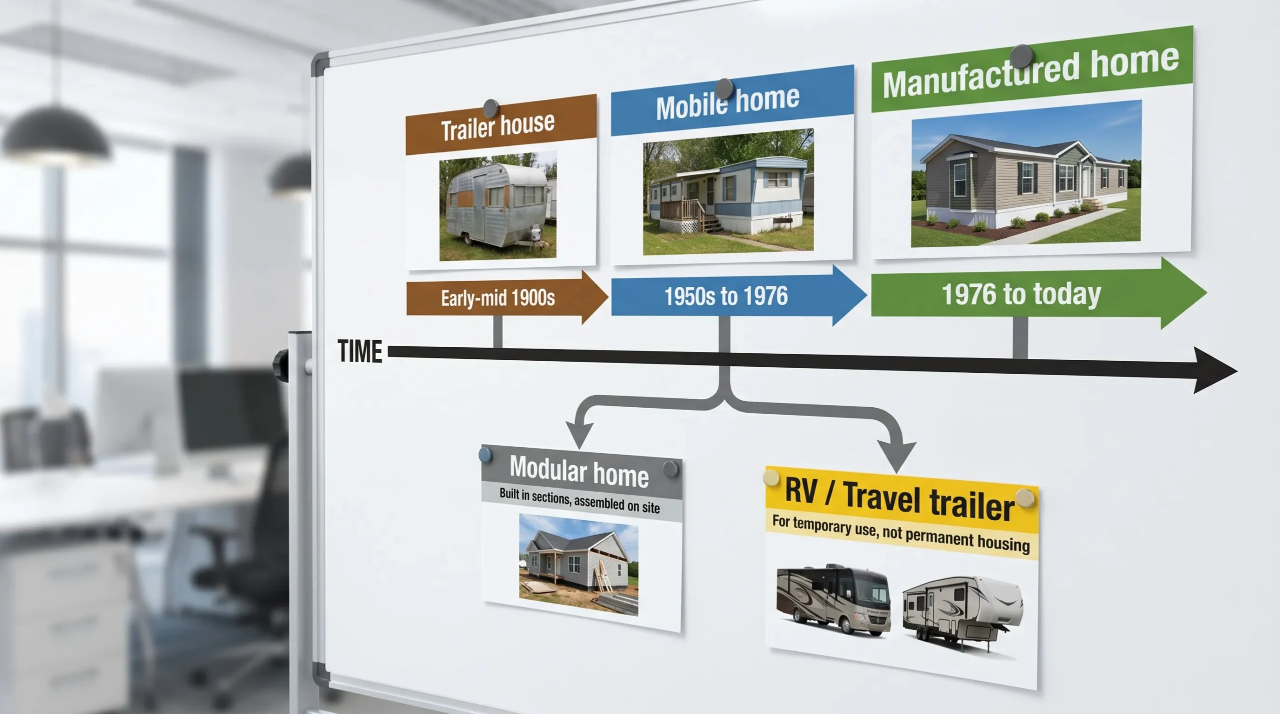 A simple timeline graphic showing US housing terminology: “Trailer house” (early-mid 1900s), “Mobile home” (1950s to 1976), “Manufactured home” (1976 to today), plus separate branches for “Modular home” and “RV / travel trailer.”