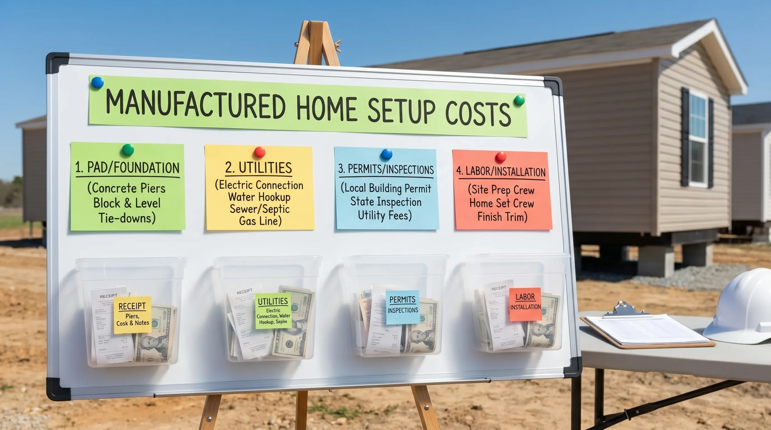 A simple visual breakdown showing four labeled cost buckets for manufactured home setup: pad/foundation, utilities, permits/inspections, and labor/installation, with example line items under each.