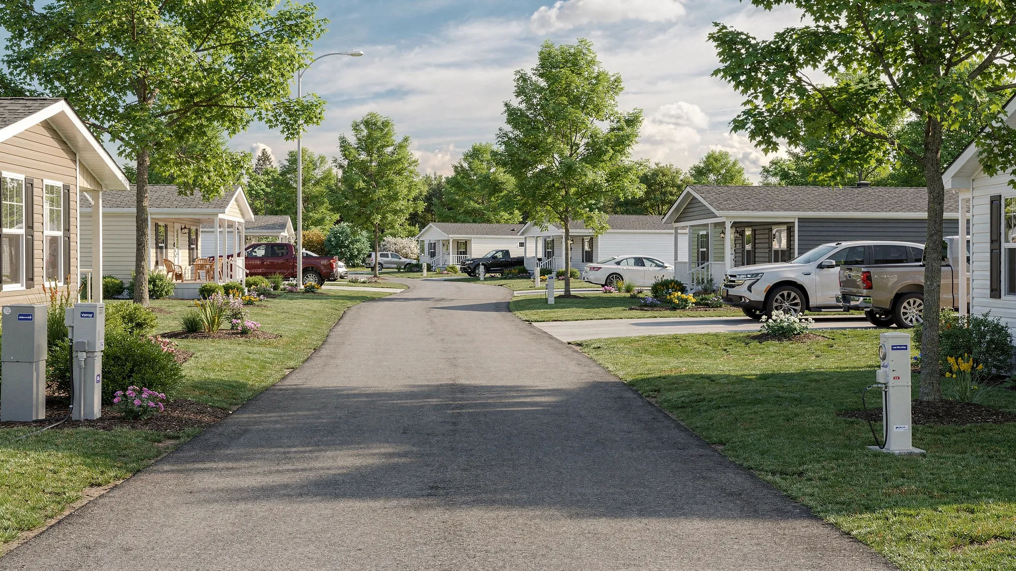 A well-maintained manufactured home community with paved roads, landscaped lots, modern manufactured homes, trees, parked vehicles, and clear utility access points.