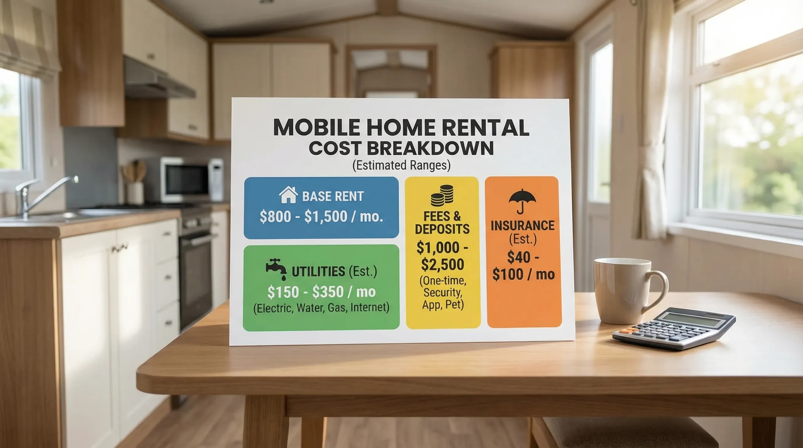 An easy-to-read cost breakdown graphic for renting a mobile home, showing base rent, utilities, fees, and insurance as four labeled sections with example dollar ranges.