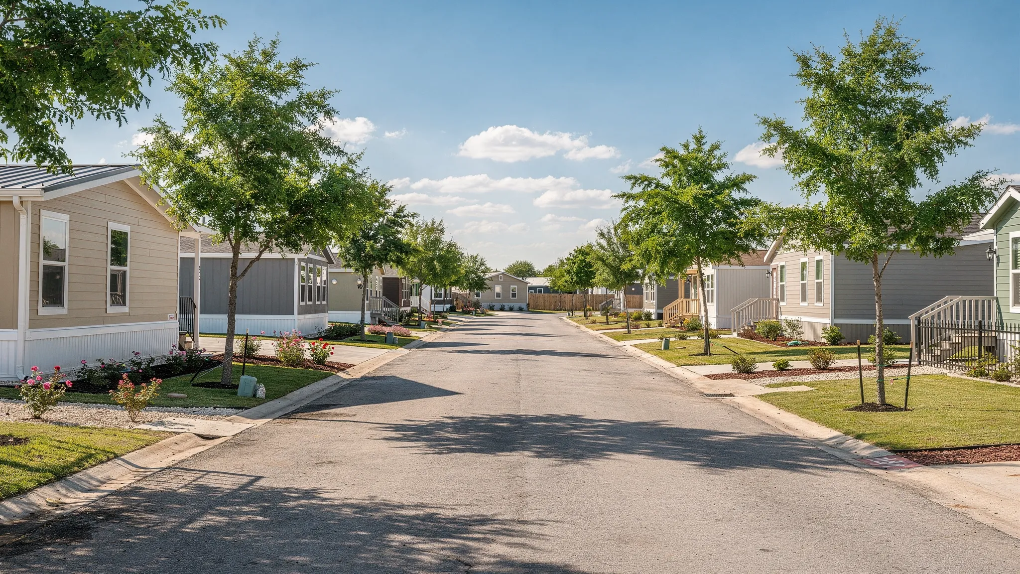 A clean manufactured home community in the San Antonio area with modern homes, paved streets, small yards, and shade trees under a bright Texas sky.