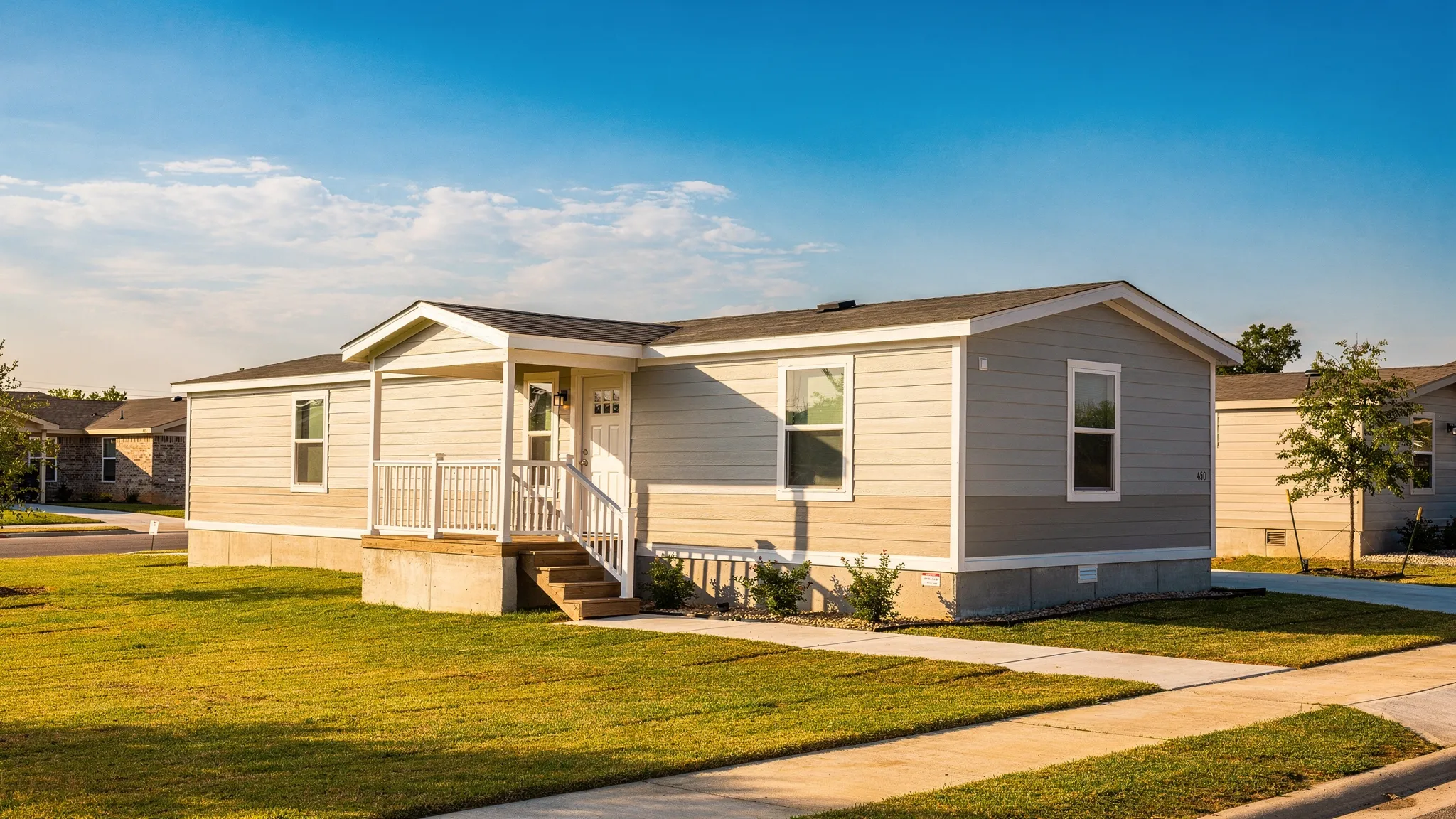 A clean single wide manufactured home on a permanent foundation in a sunny Texas neighborhood, with a small front porch, driveway, trimmed lawn, and open sky.