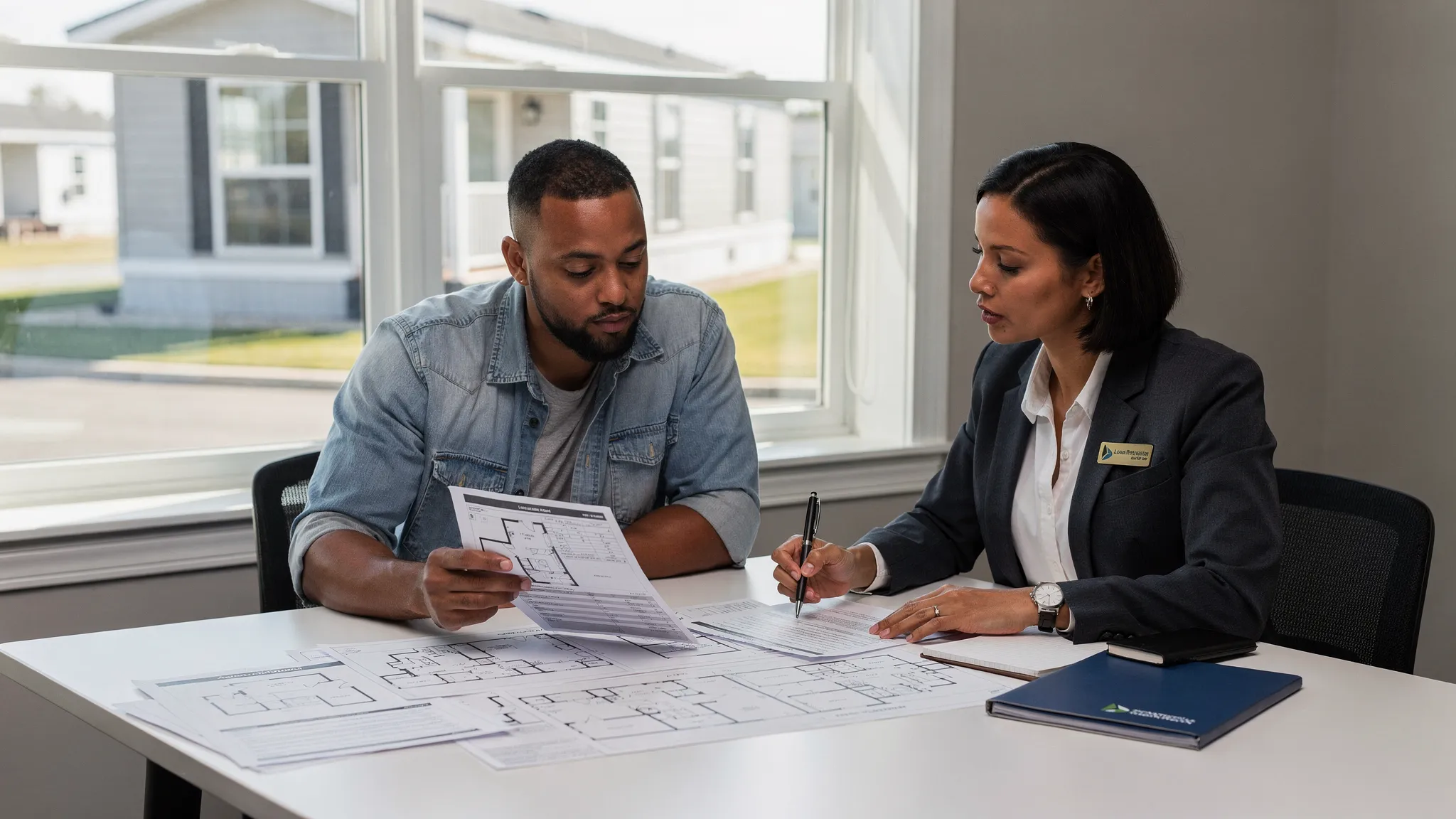 A manufactured home buyer reviewing a home floor plan and loan estimate paperwork at a table with a housing specialist, with a modern manufactured home visible nearby.