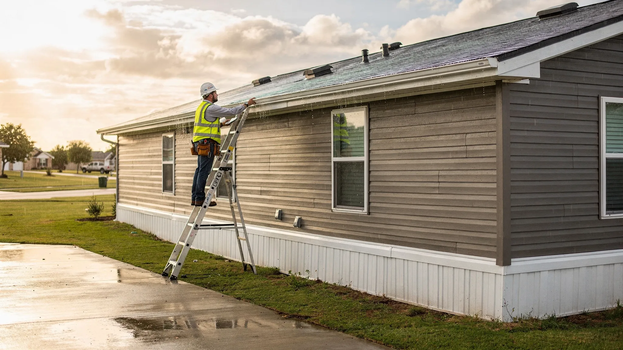 A manufactured home in Texas with an inspector checking the roof edge, vents, gutters, and flashing from a ladder while the home sits under a bright sky after a rainstorm.