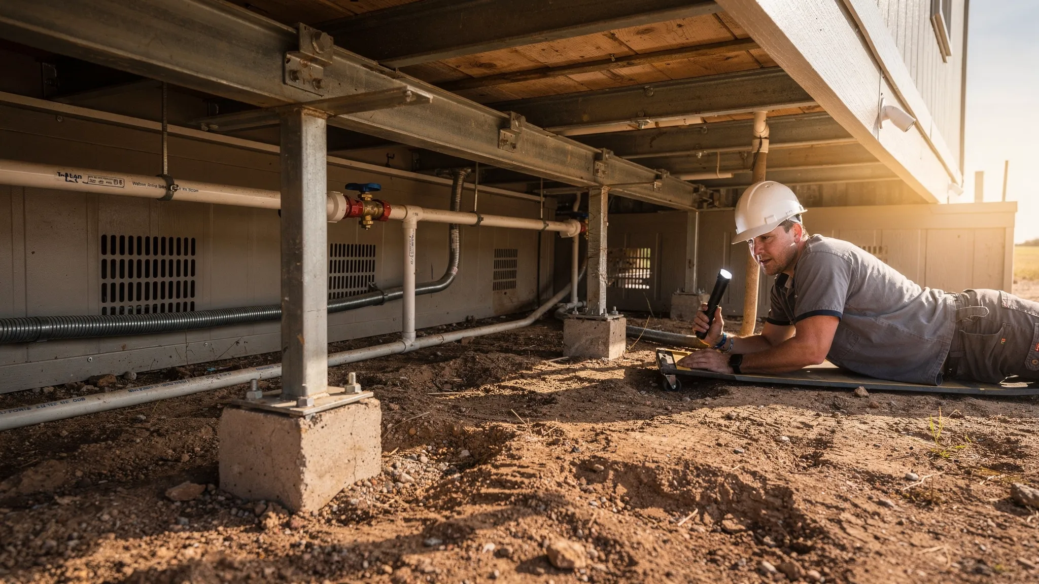 A manufactured home inspector checking the crawlspace area beneath a Texas manufactured home, with visible piers, skirting, utility lines, and tie-down components.