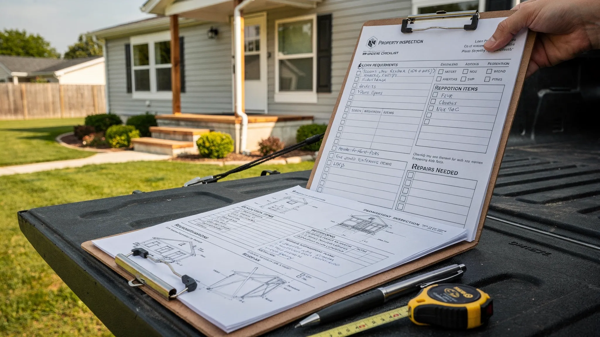 A manufactured home on a permanent foundation with a contractor clipboard, repair notes, and a lender checklist in the foreground, showing the connection between financing, inspection, and renovation planning.