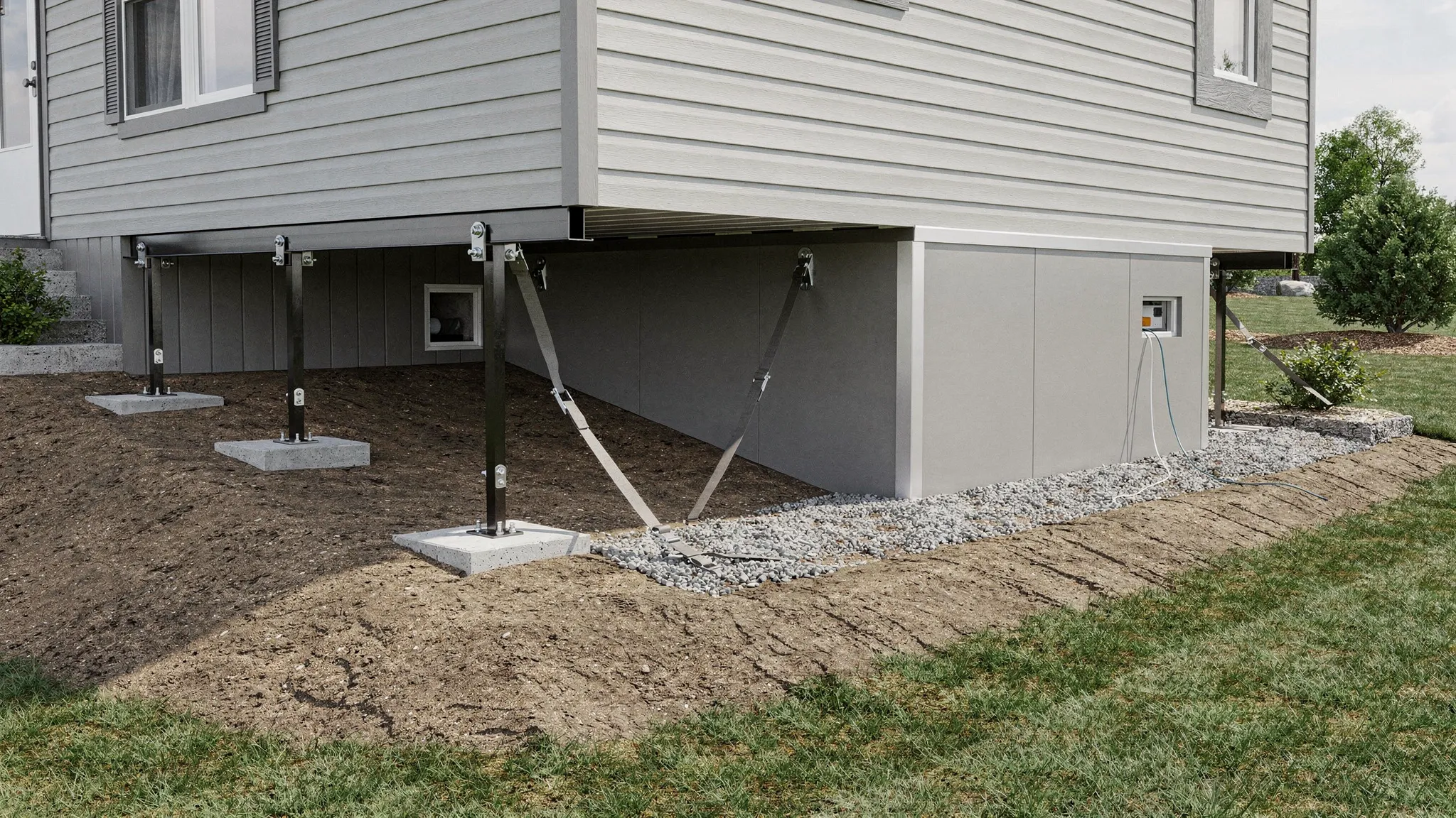 A manufactured home set on a prepared site with visible foundation piers, concrete pads, tie-down straps, skirting panels, and sloped grading that directs rainwater away from the home.