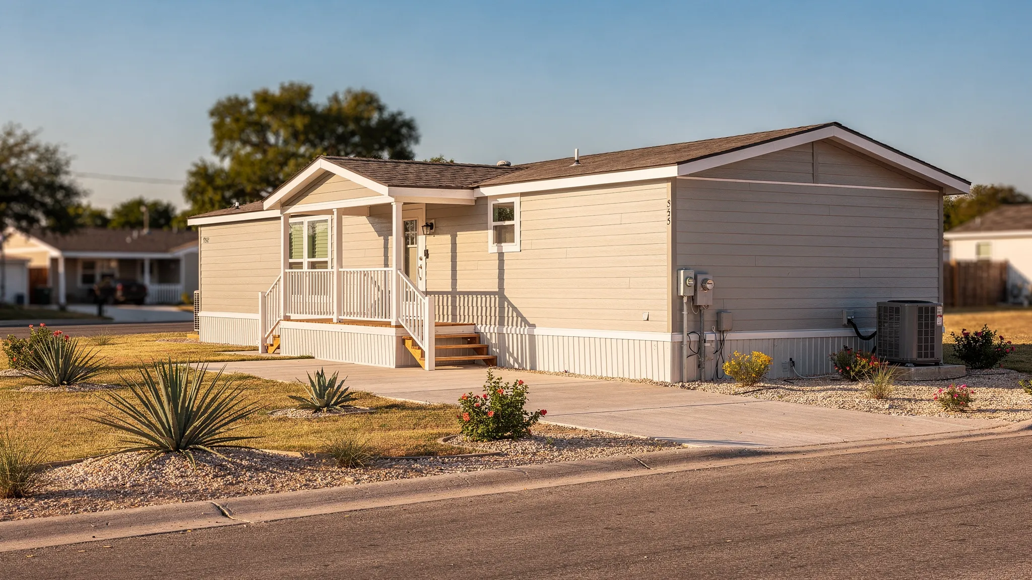 A modern double wide manufactured home on a permanent foundation in a sunny San Antonio-area neighborhood, with a driveway, small front porch, native landscaping, and clear access to utilities.