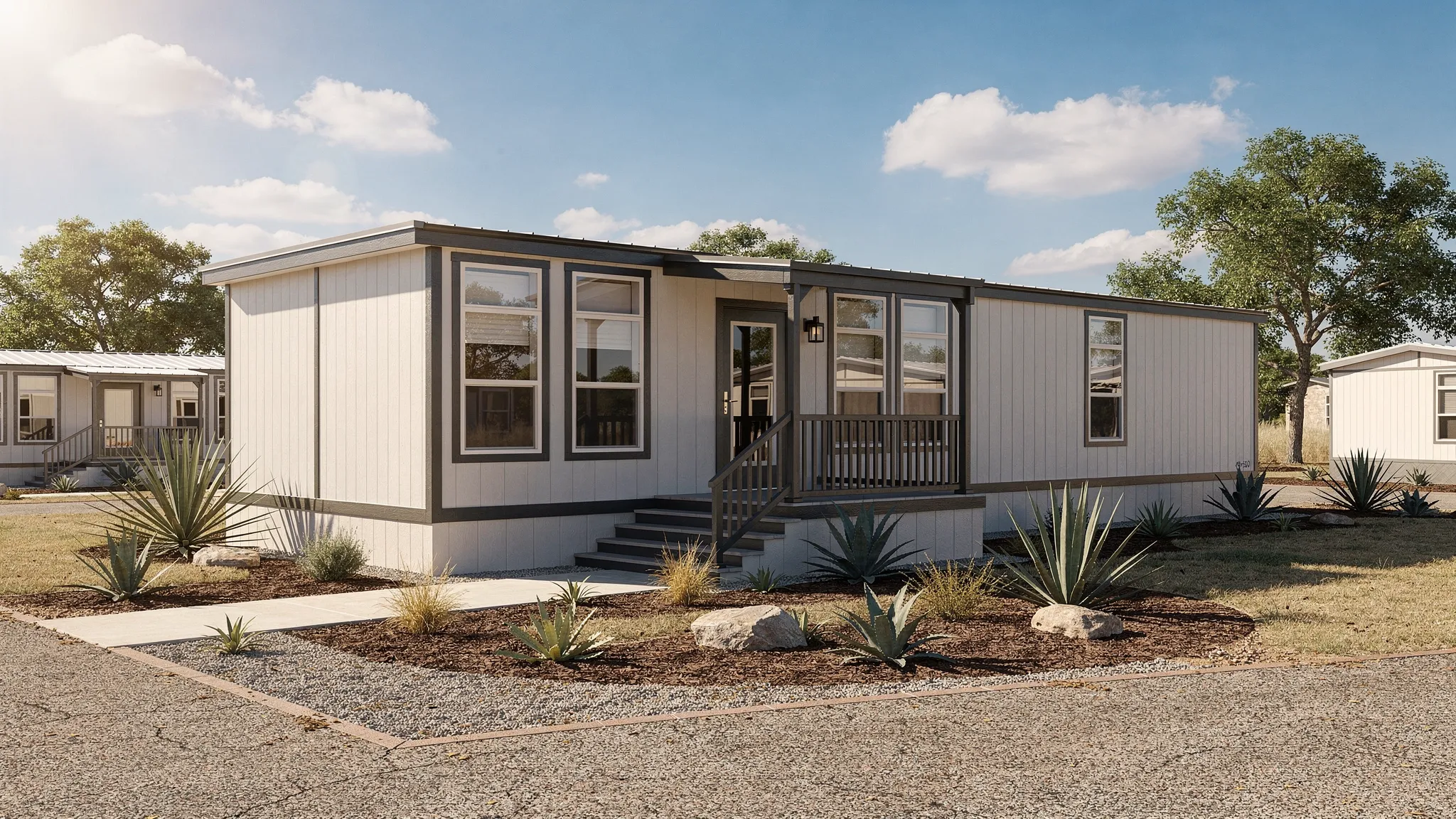A modern factory-built home in a San Antonio area community with shaded windows, clean skirting, a small porch, and native landscaping under a bright Texas sky.
