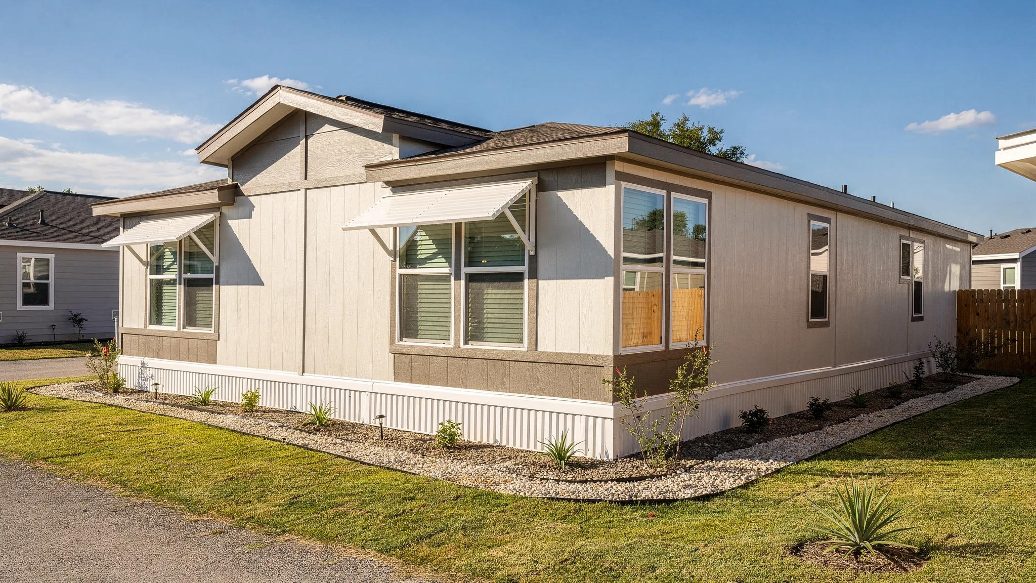 A modern manufactured home in a sunny San Antonio neighborhood with clean skirting, a maintained roof, shaded windows, and a neat gravel drainage path around the home.