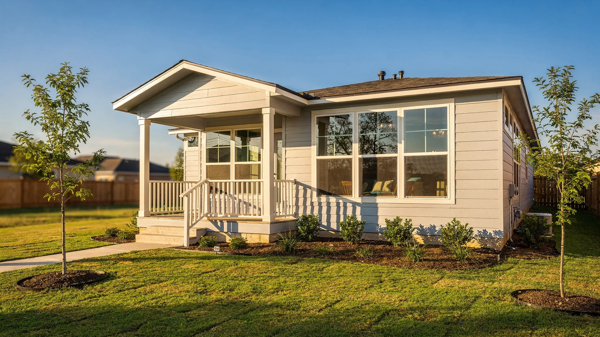 A modern manufactured home in San Antonio with a covered entry, neat landscaping, large windows, and a family-friendly yard on a sunny Texas afternoon.