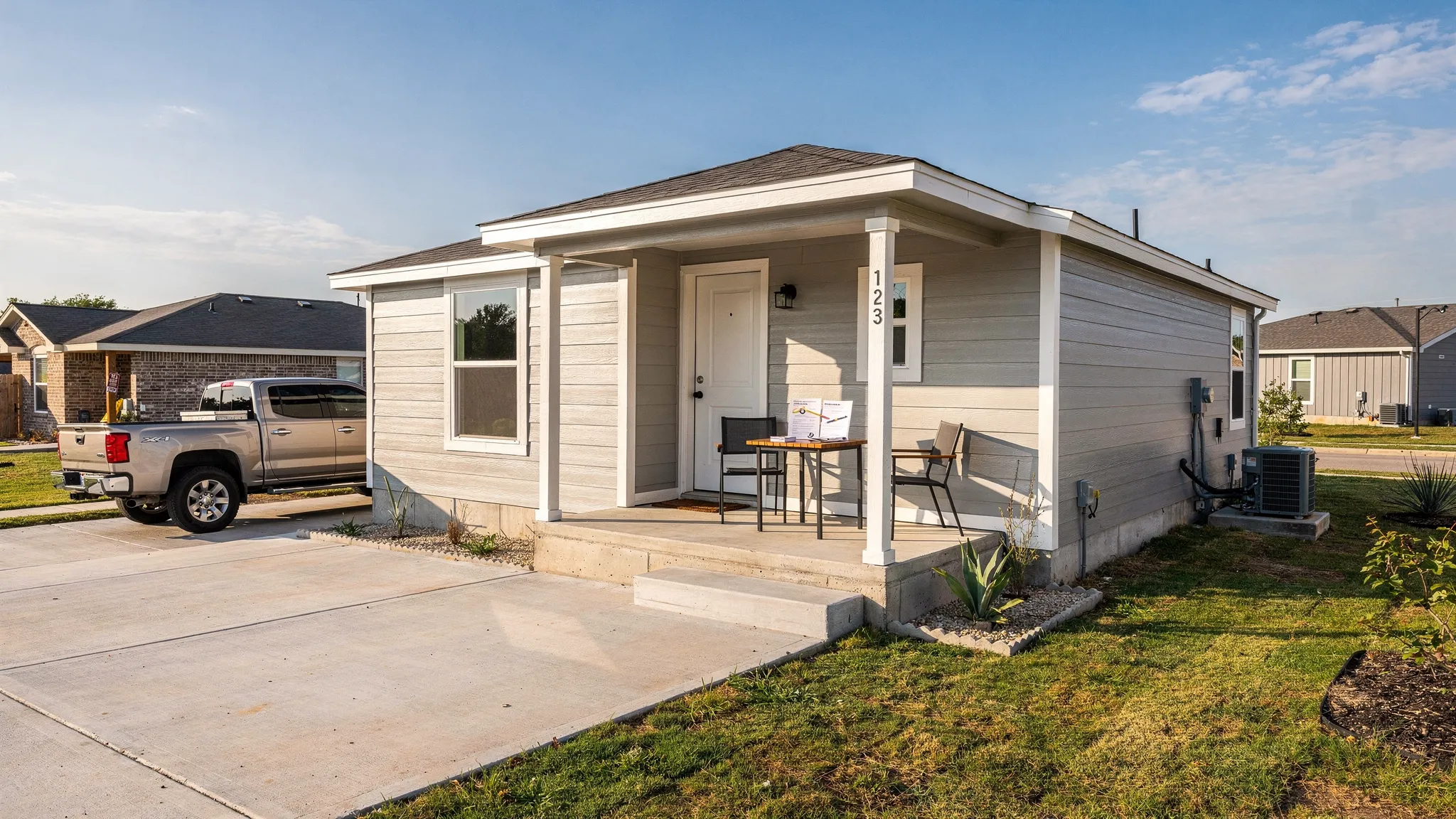 A modern manufactured home on a permanent foundation in a sunny Texas neighborhood, with a driveway, utility connections, and a small stack of loan documents on a porch table.