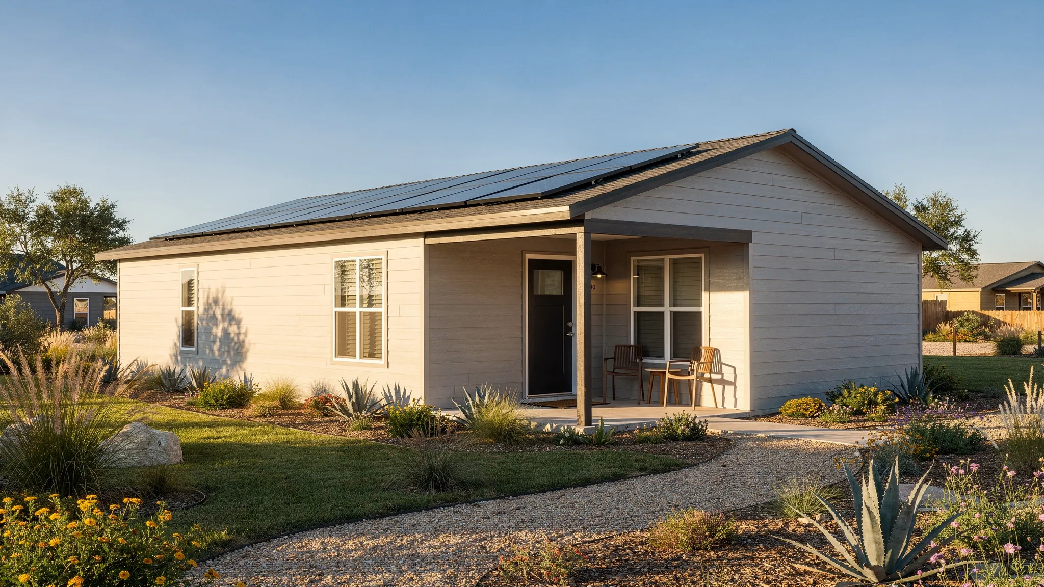A modern single-story factory-built home with light-colored siding, a shaded front porch, native Texas landscaping, and solar panels visible on the roof in a sunny San Antonio-area setting.
